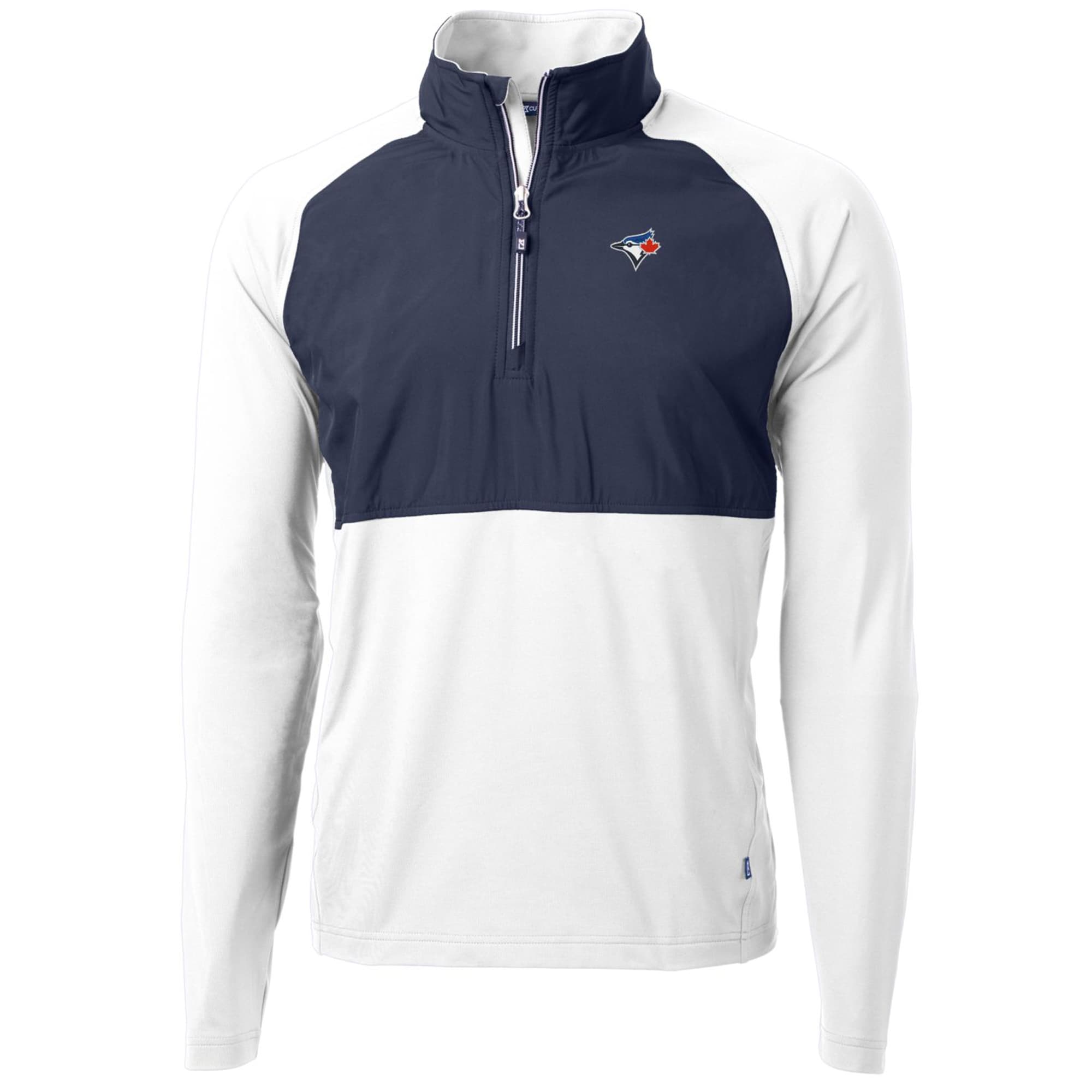 Men's Toronto Blue Jays Cutter & Buck White/Navy Adapt Eco Knit Hybrid Recycled Quarter-Zip Pullover Jacket
