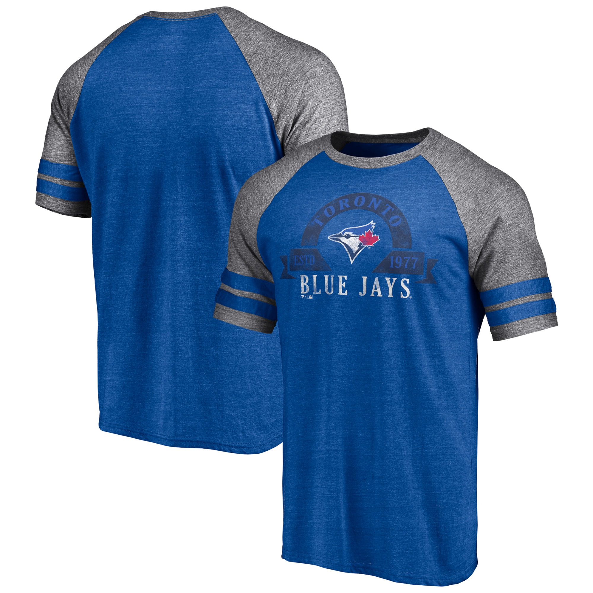 Men's Toronto Blue Jays  Branded Heather Royal Utility Two-Stripe Raglan Tri-Blend T-Shirt