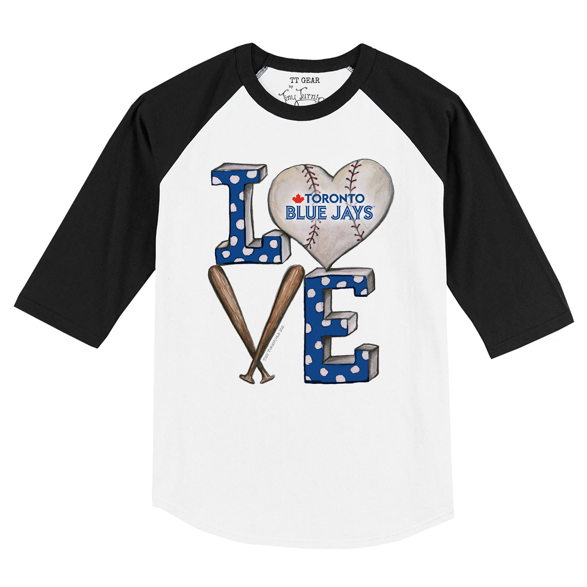 Toddler Toronto Blue Jays Tiny Turnip White/Black Baseball Love Raglan 3/4 Sleeve T-Shirt