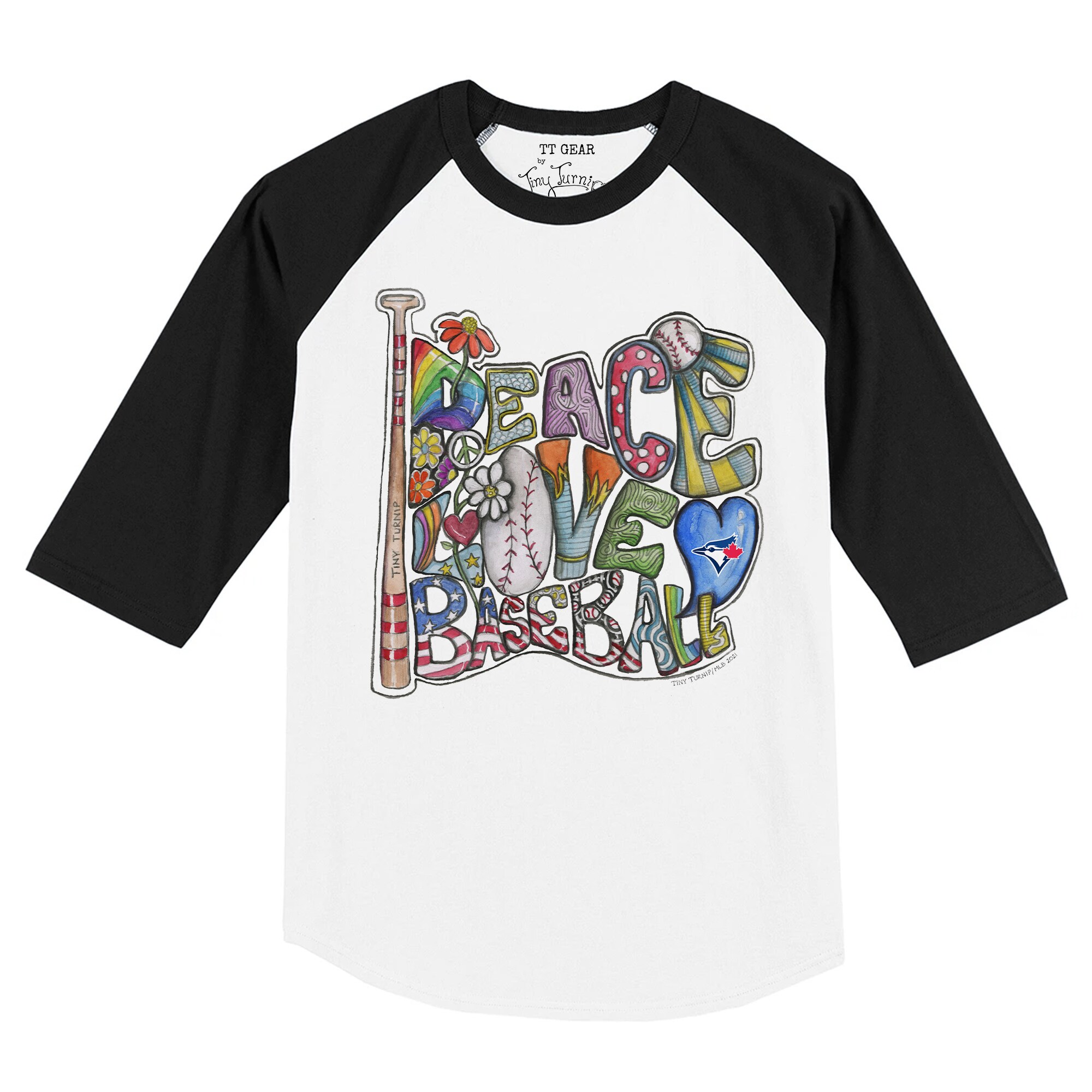 Toddler Toronto Blue Jays Tiny Turnip White/Black Peace Love Baseball Raglan 3/4 Sleeve T-Shirt