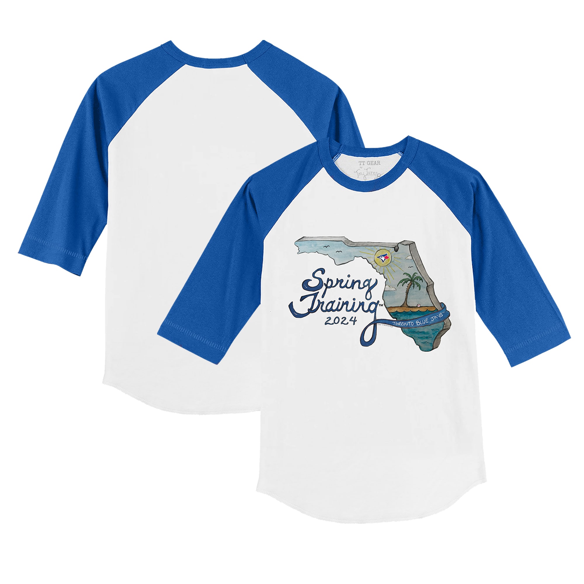 Toddler Toronto Blue Jays Tiny Turnip White/Royal 2024 Spring Training Grapefruit League 3/4-Sleeve Raglan T-Shirt
