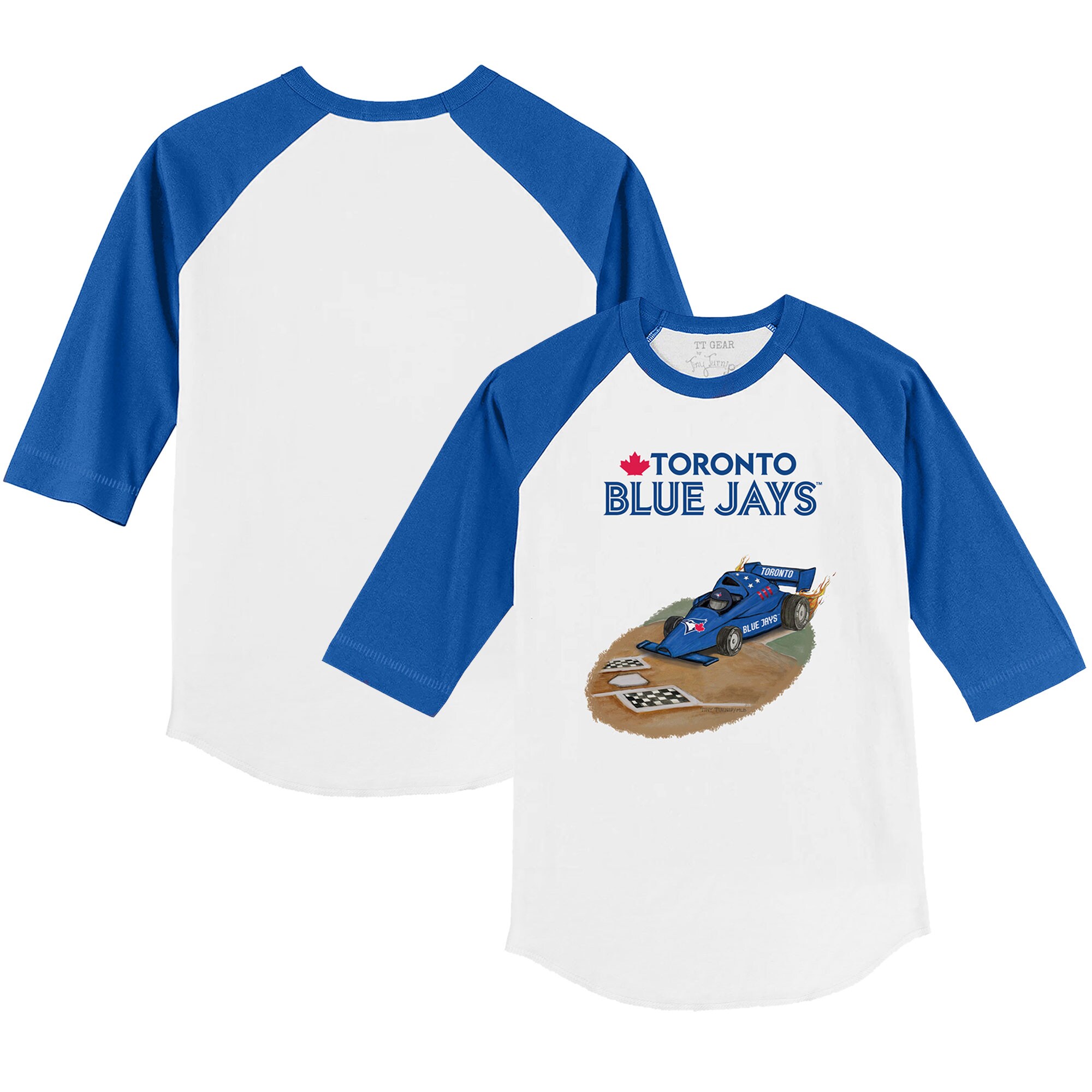 Toddler Toronto Blue Jays Tiny Turnip White/Royal Race Car 3/4-Sleeve Raglan T-Shirt