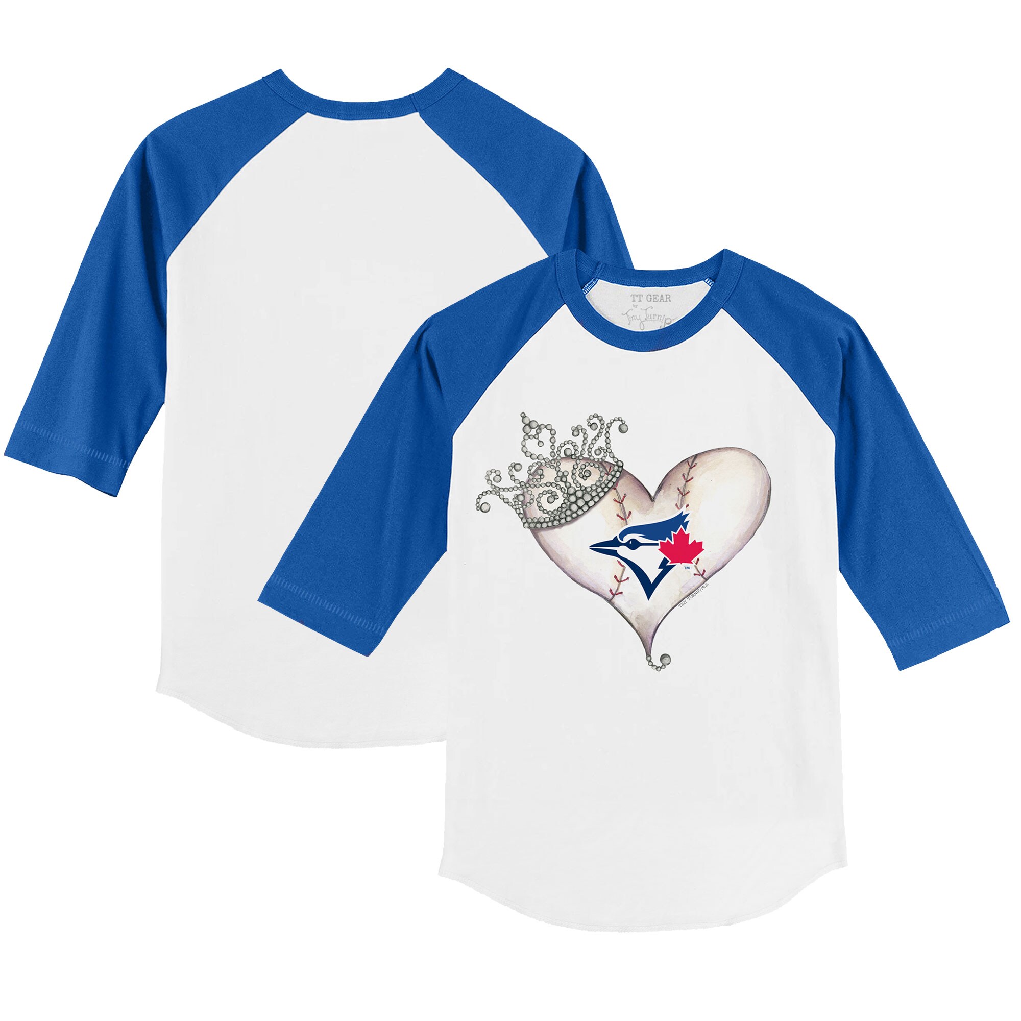 Toddler Toronto Blue Jays Tiny Turnip White/Royal Tiara Heart 3/4-Sleeve Raglan T-Shirt
