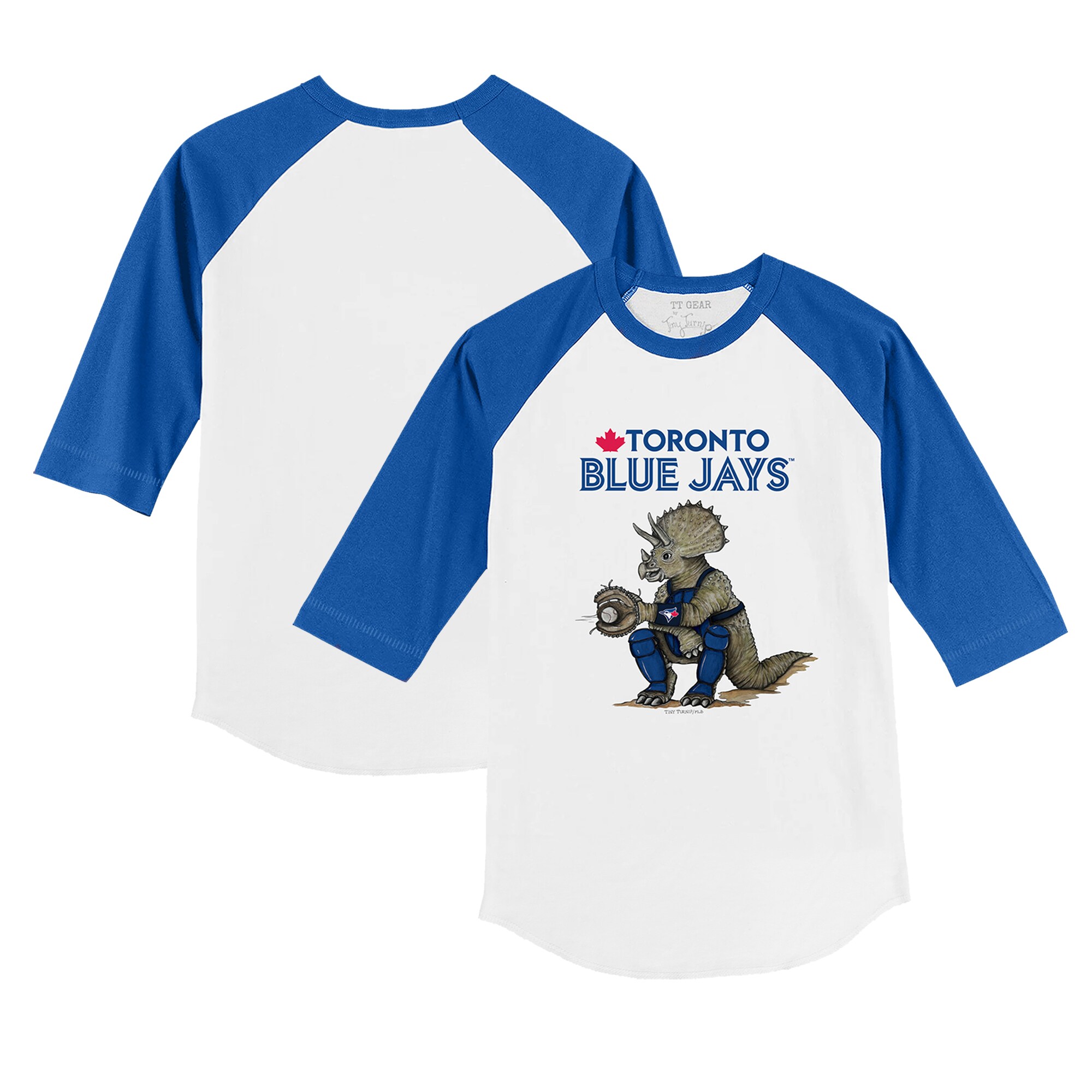 Toddler Toronto Blue Jays Tiny Turnip White/Royal Triceratops 3/4-Sleeve Raglan T-Shirt