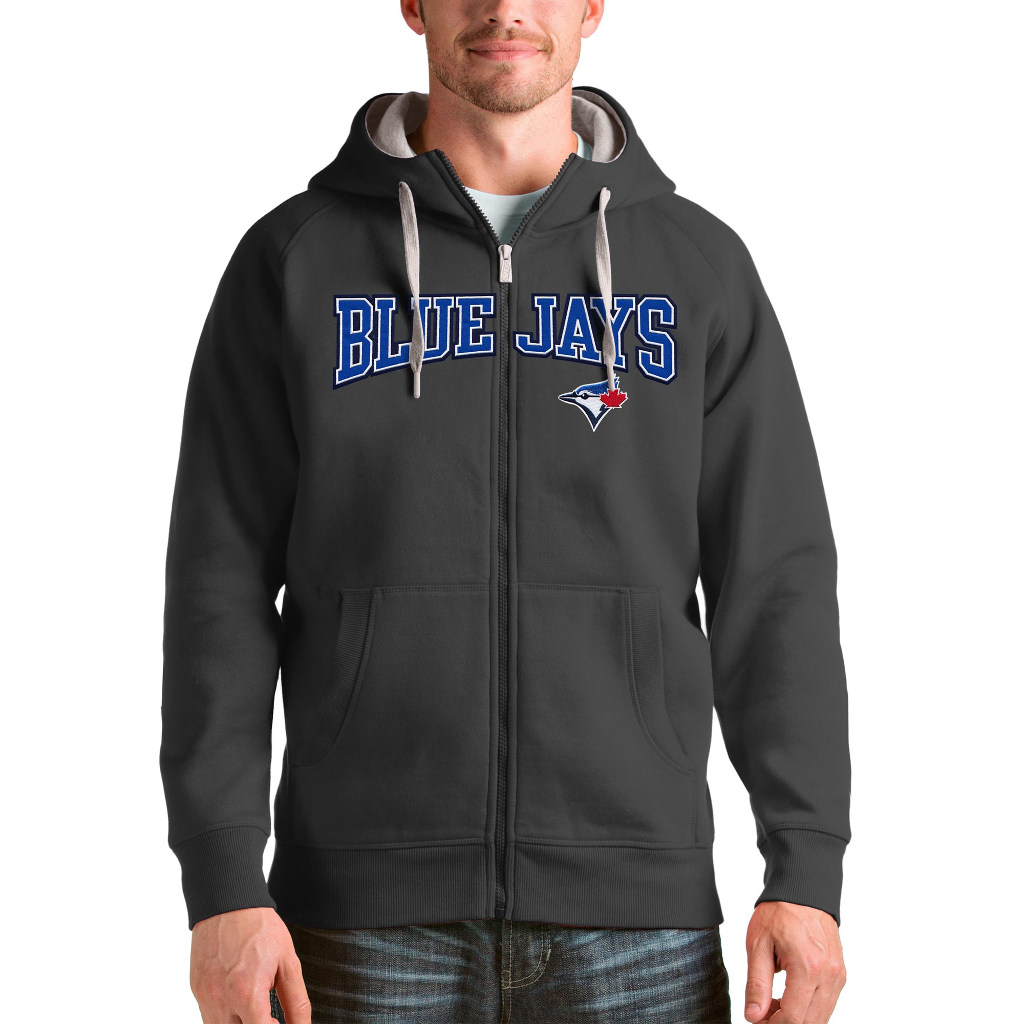 Toronto Blue Jays Antigua Charcoal Team Logo Victory Full-Zip Hoodie