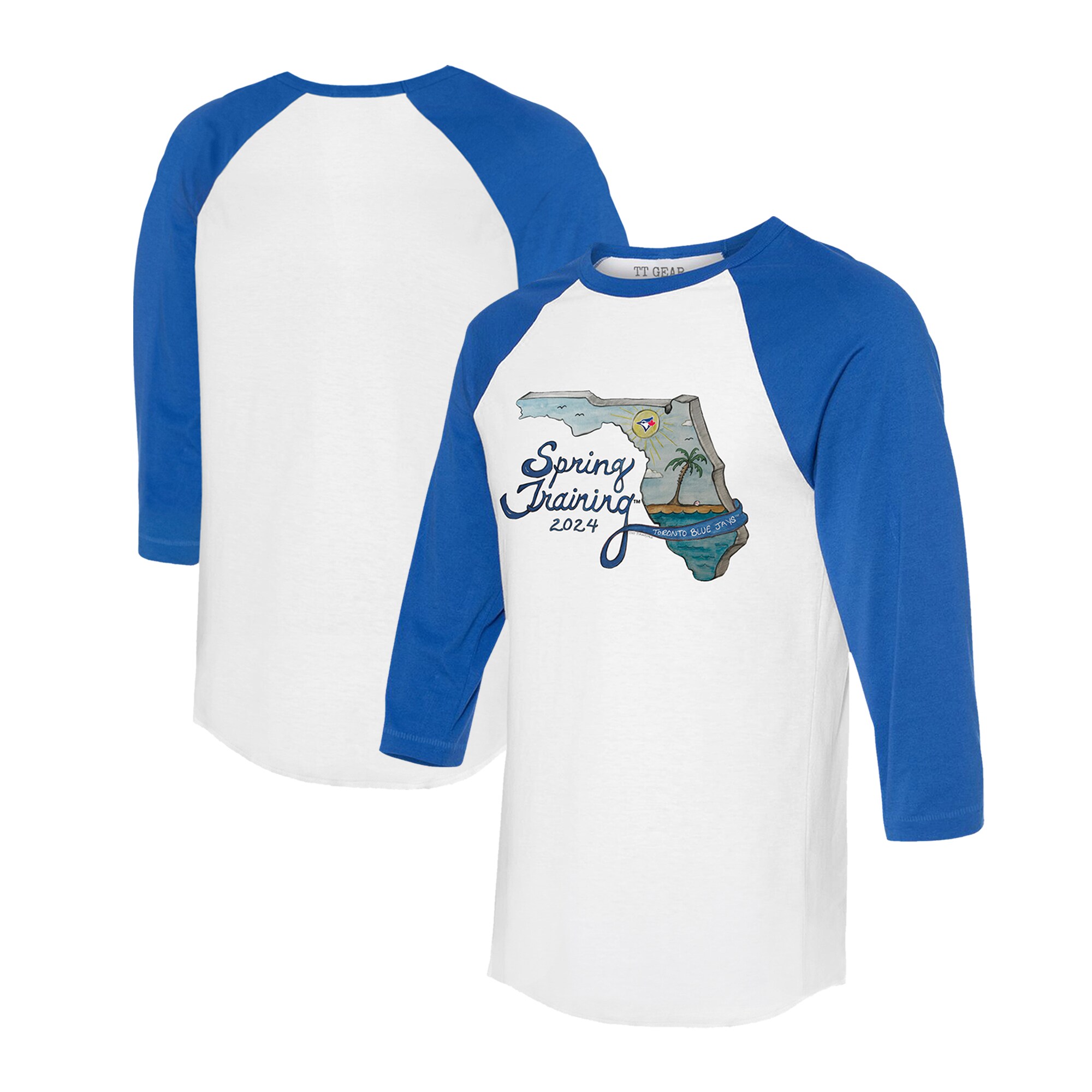 Unisex Toronto Blue Jays Tiny Turnip White/Royal 2024 Spring Training Grapefruit League 3/4-Sleeve Raglan T-Shirt