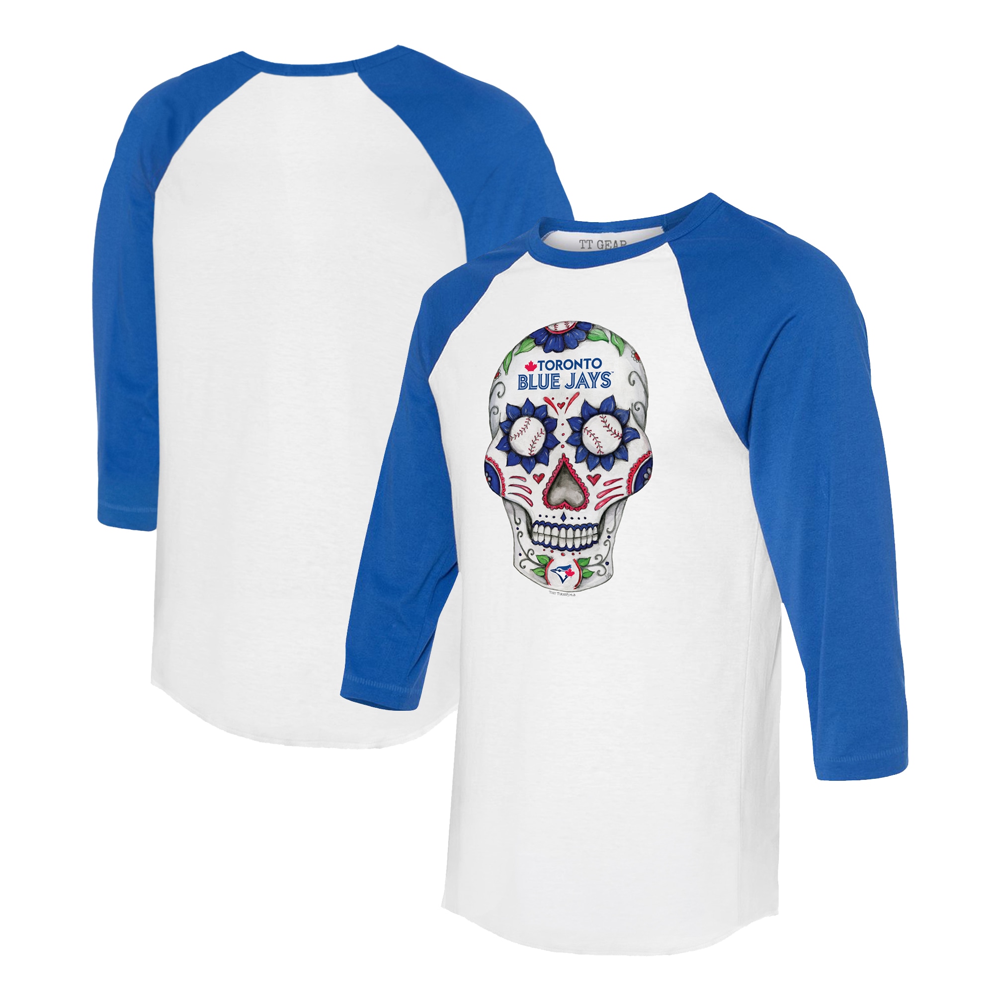 Unisex Toronto Blue Jays Tiny Turnip White/Royal Sugar Skull 3/4-Sleeve Raglan T-Shirt