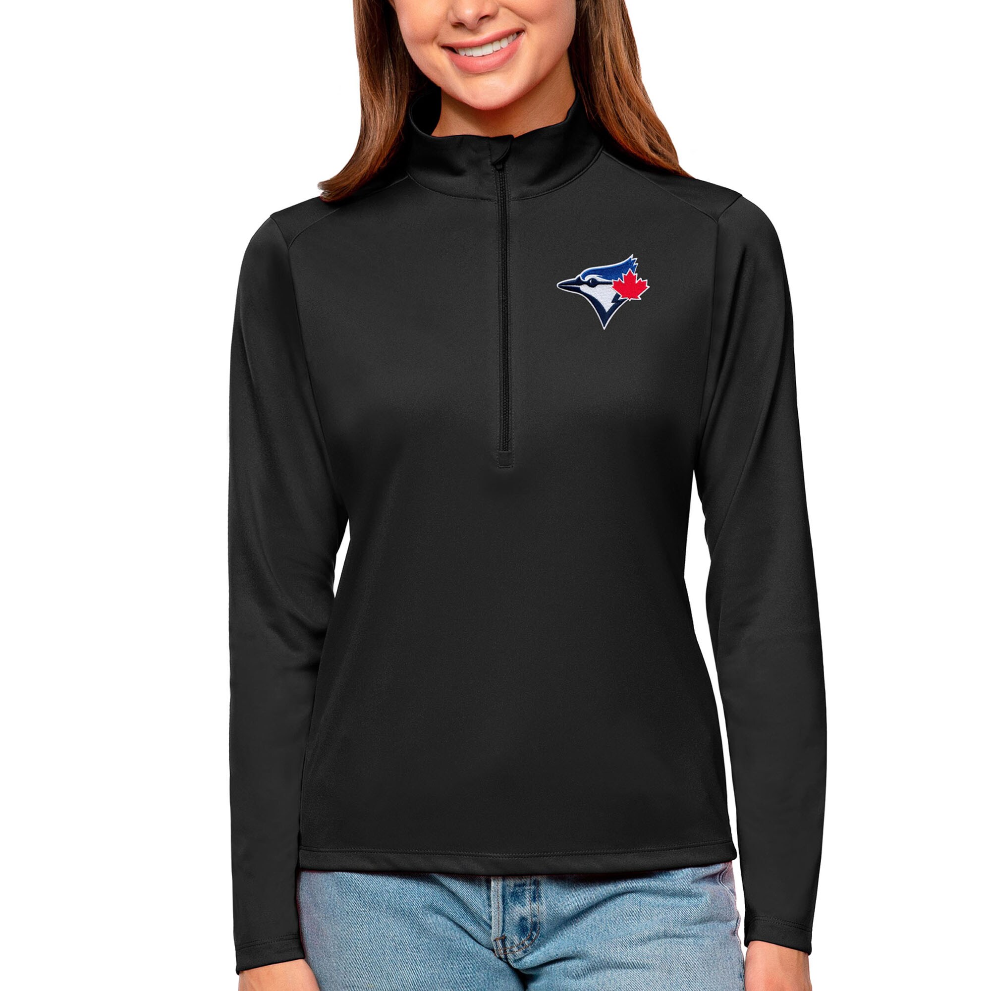 Women's Toronto Blue Jays Antigua Black Tribute Quarter-Zip Pullover Top