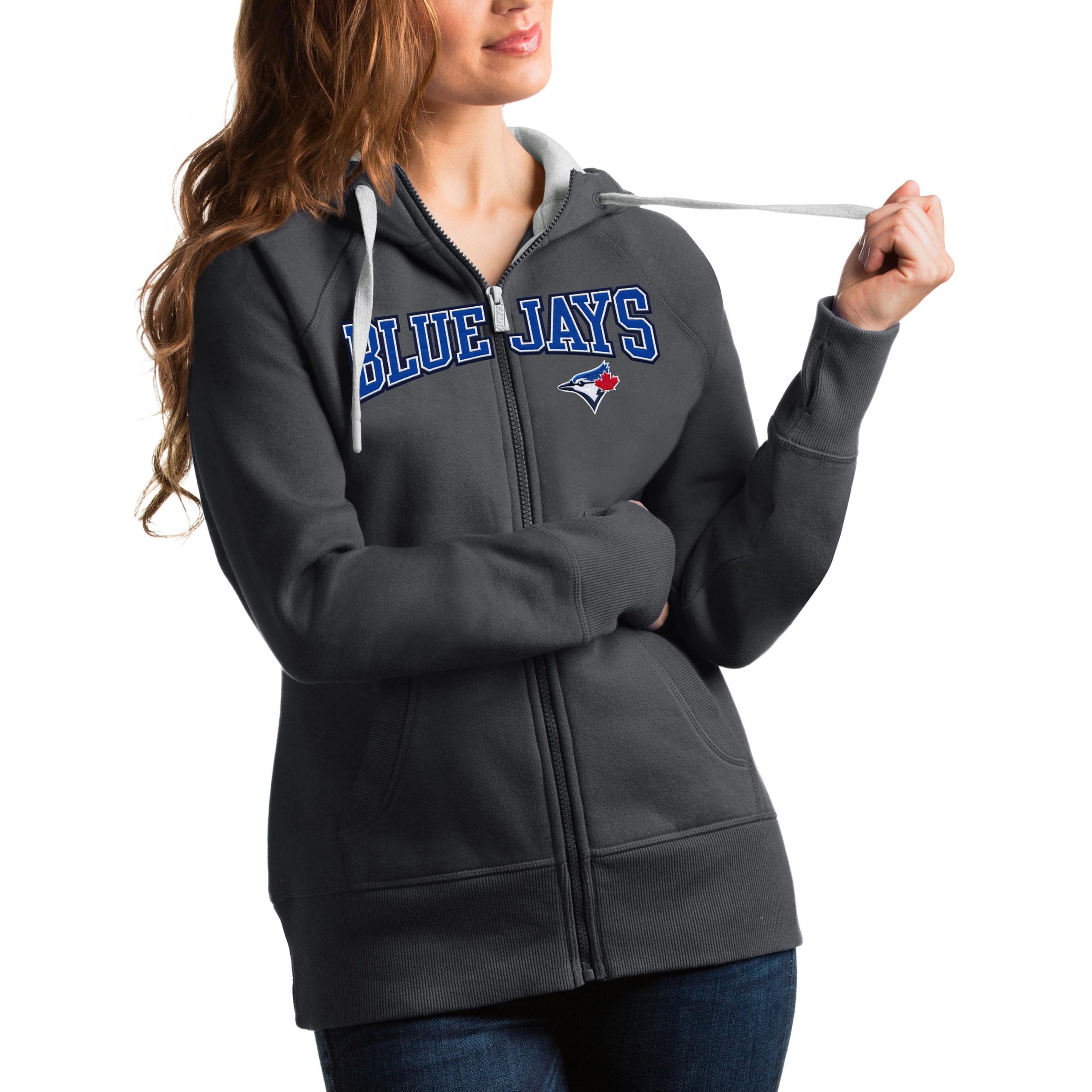 Women's Toronto Blue Jays Antigua Charcoal Team Logo Victory Full-Zip Hoodie