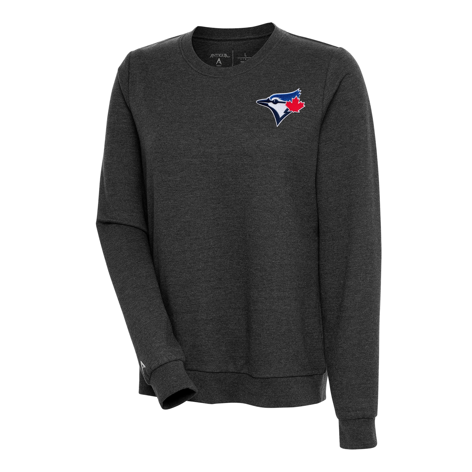 Women's Toronto Blue Jays Antigua Heather Black Action Crewneck Pullover Sweatshirt