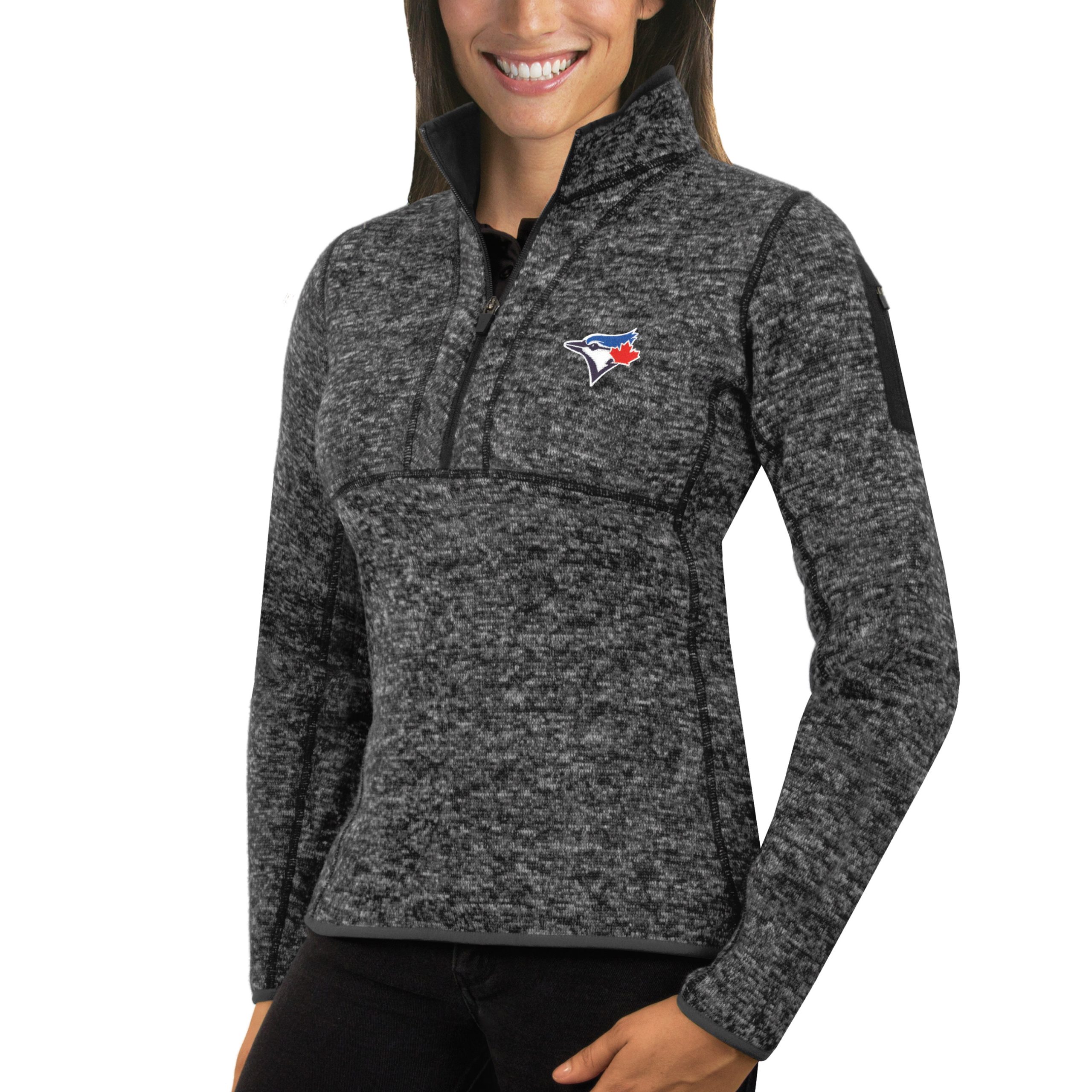 Women's Toronto Blue Jays Antigua Heathered Charcoal Fortune Half-Zip Pullover Sweater