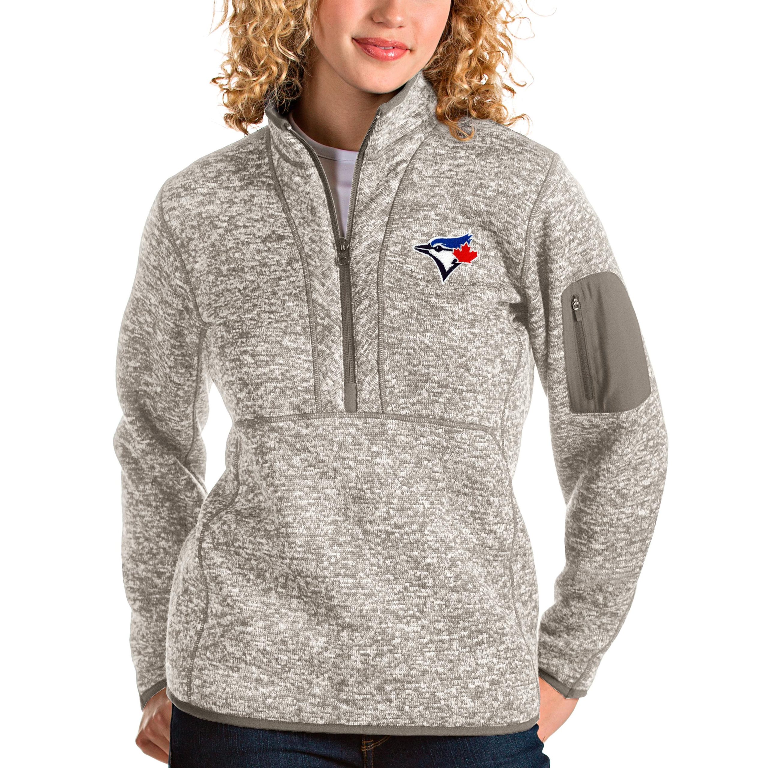 Women's Toronto Blue Jays Antigua Oatmeal Fortune Quarter-Zip Pullover Jacket