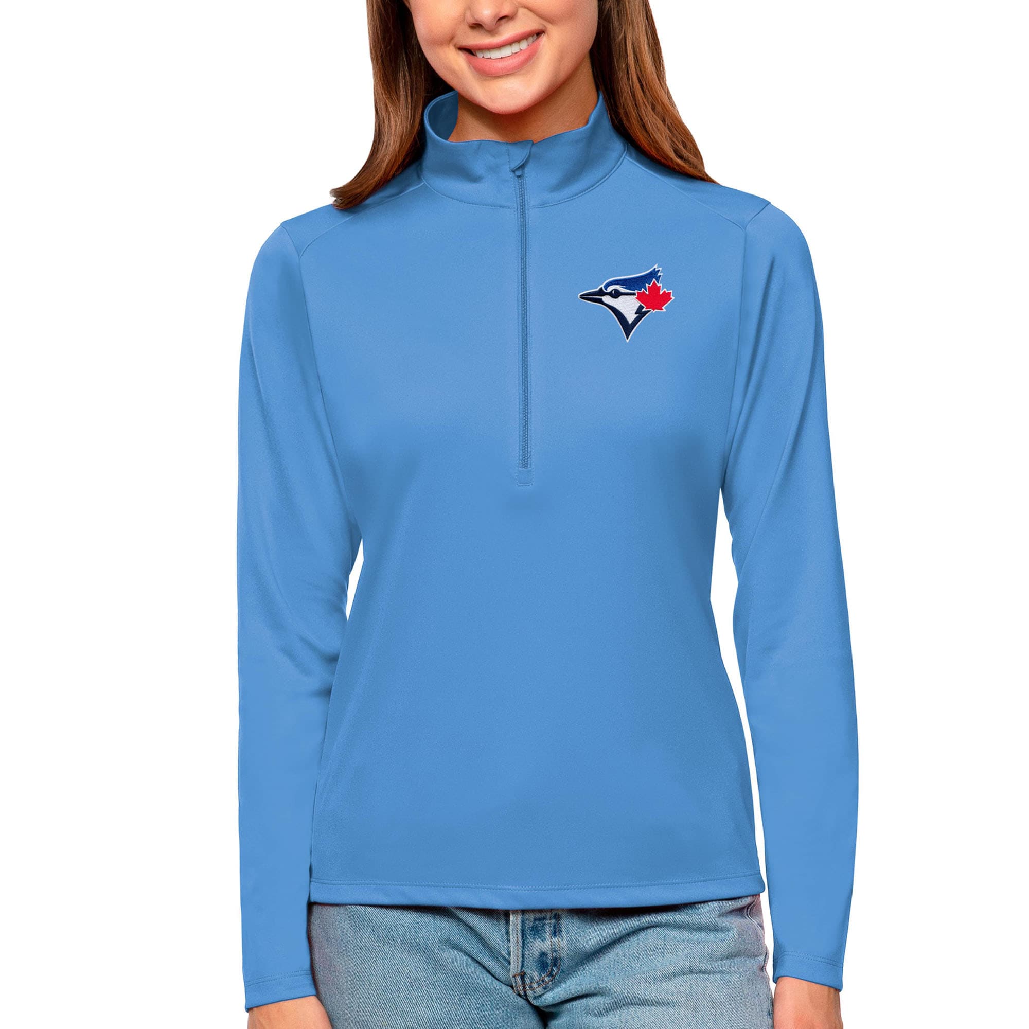 Women's Toronto Blue Jays Antigua Powder Blue Tribute Quarter-Zip Pullover Top