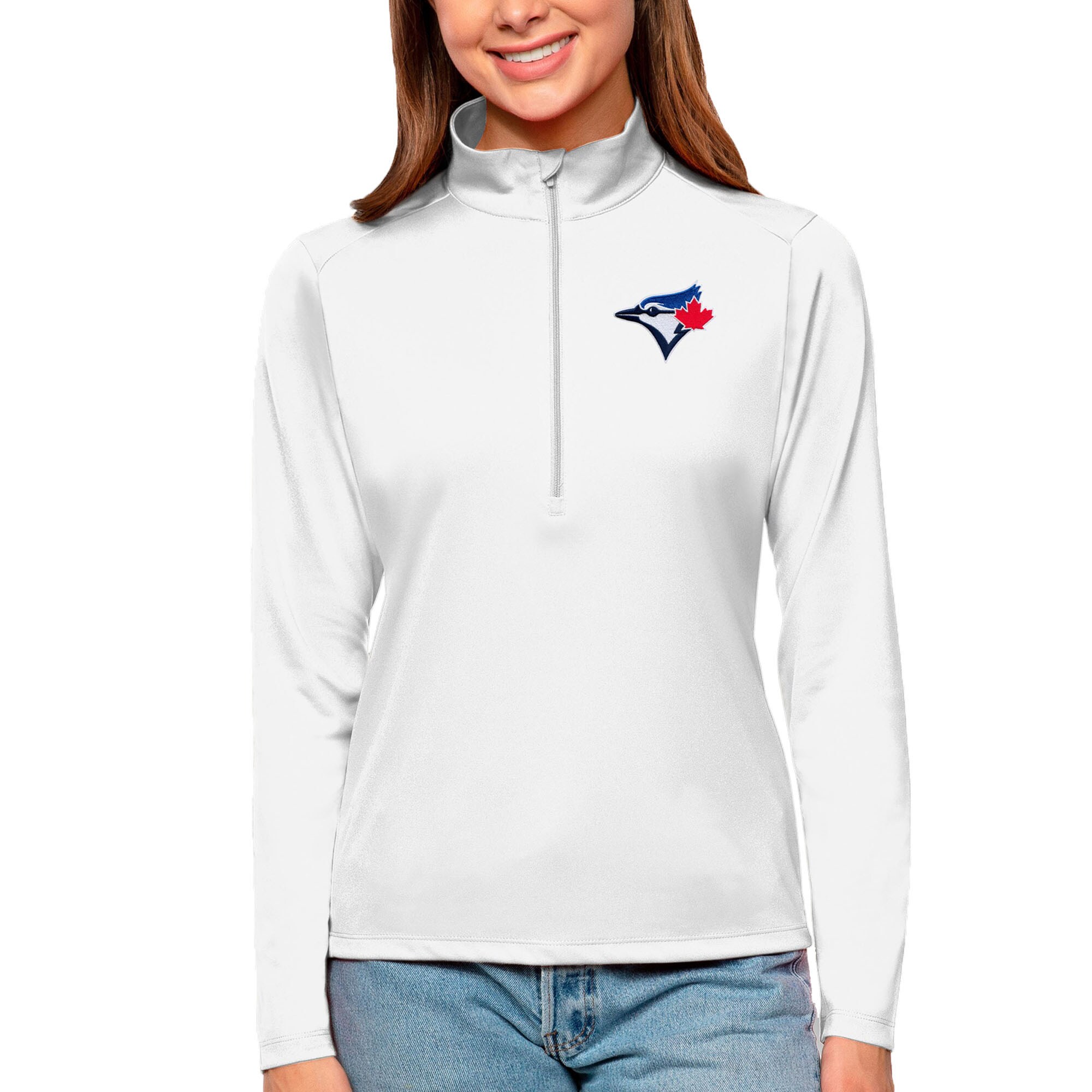 Women's Toronto Blue Jays Antigua White Tribute Quarter-Zip Pullover Top