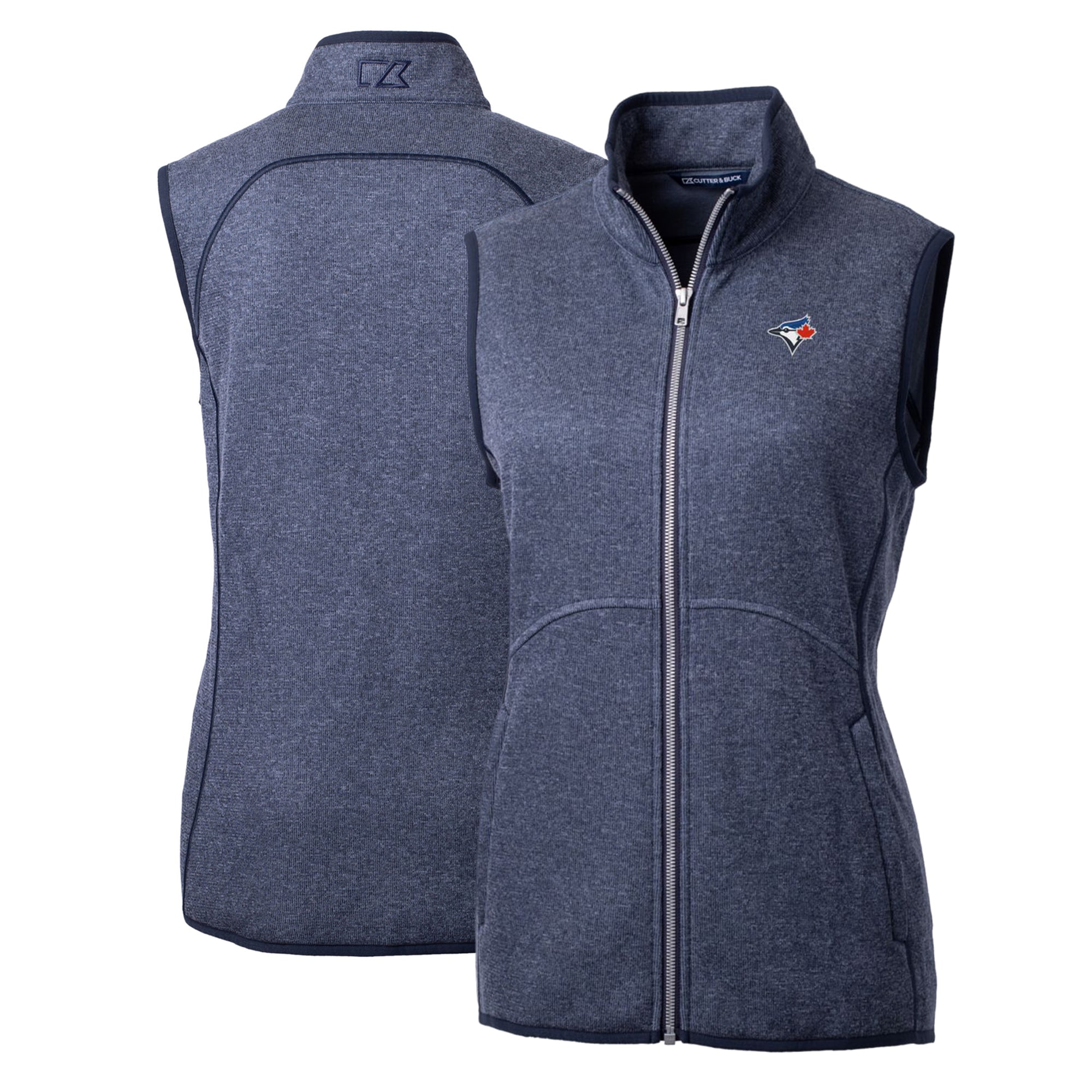 Women's Toronto Blue Jays Cutter & Buck Heathered Navy Mainsail Sweater-Knit Full-Zip Vest