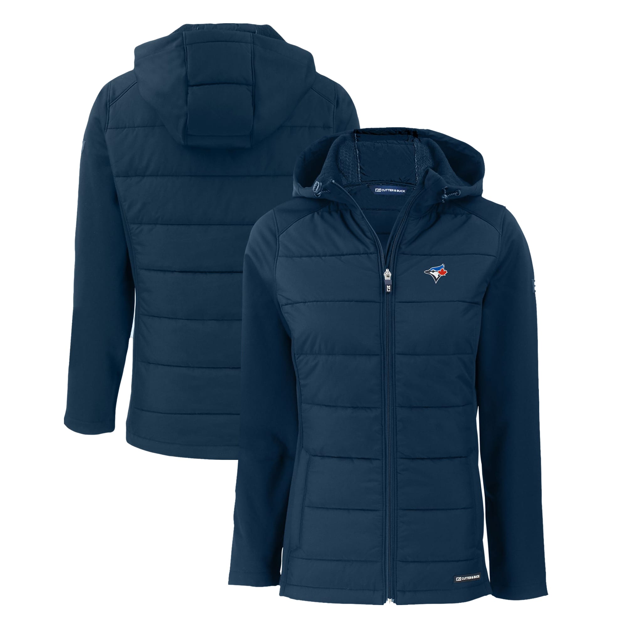 Women's Toronto Blue Jays  Cutter & Buck Navy Evoke Hybrid Eco Softshell Recycled Full-Zip Hoodie Jacket
