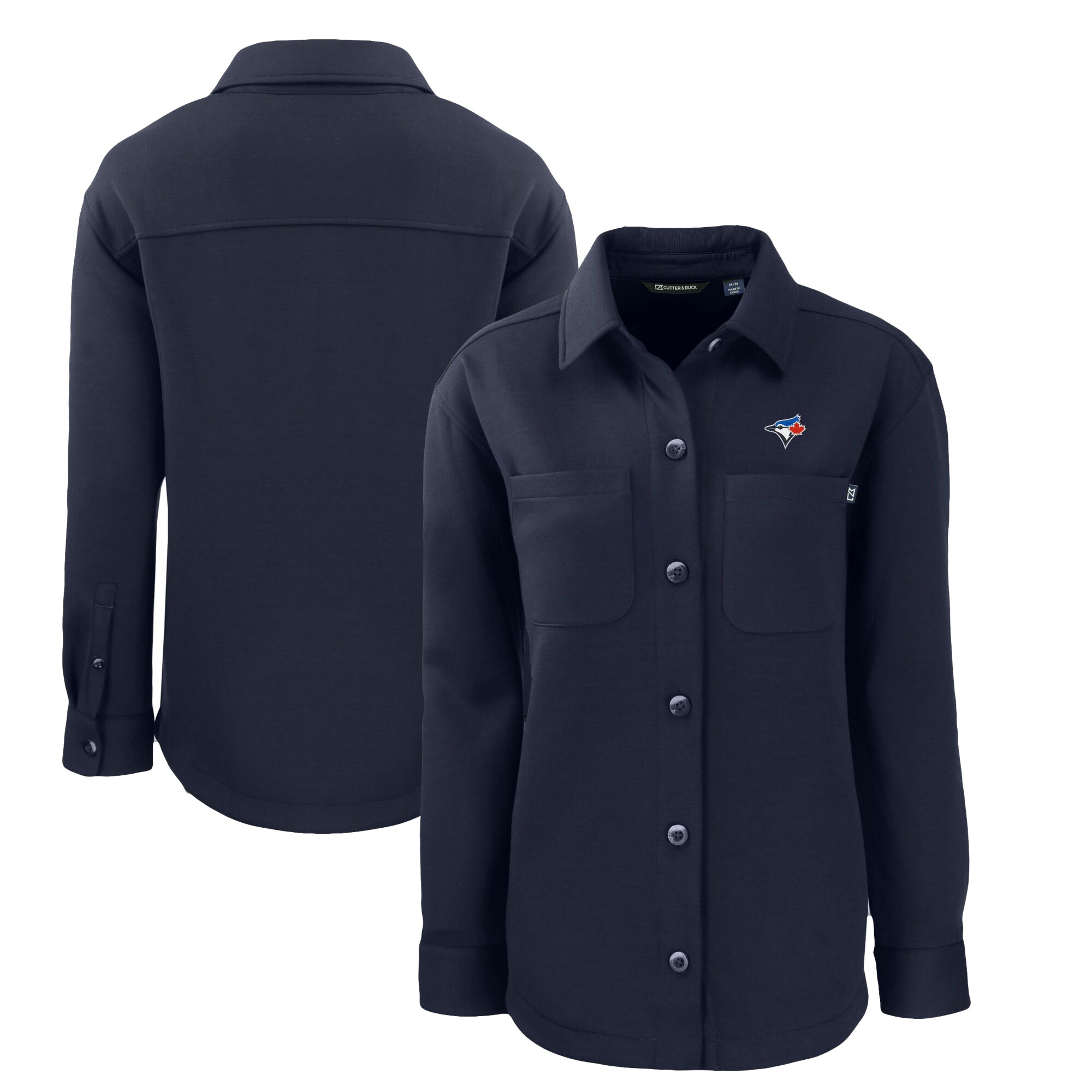 Women's Toronto Blue Jays Cutter & Buck Navy Roam Eco Knit Tri-Blend Full-Snap Shacket