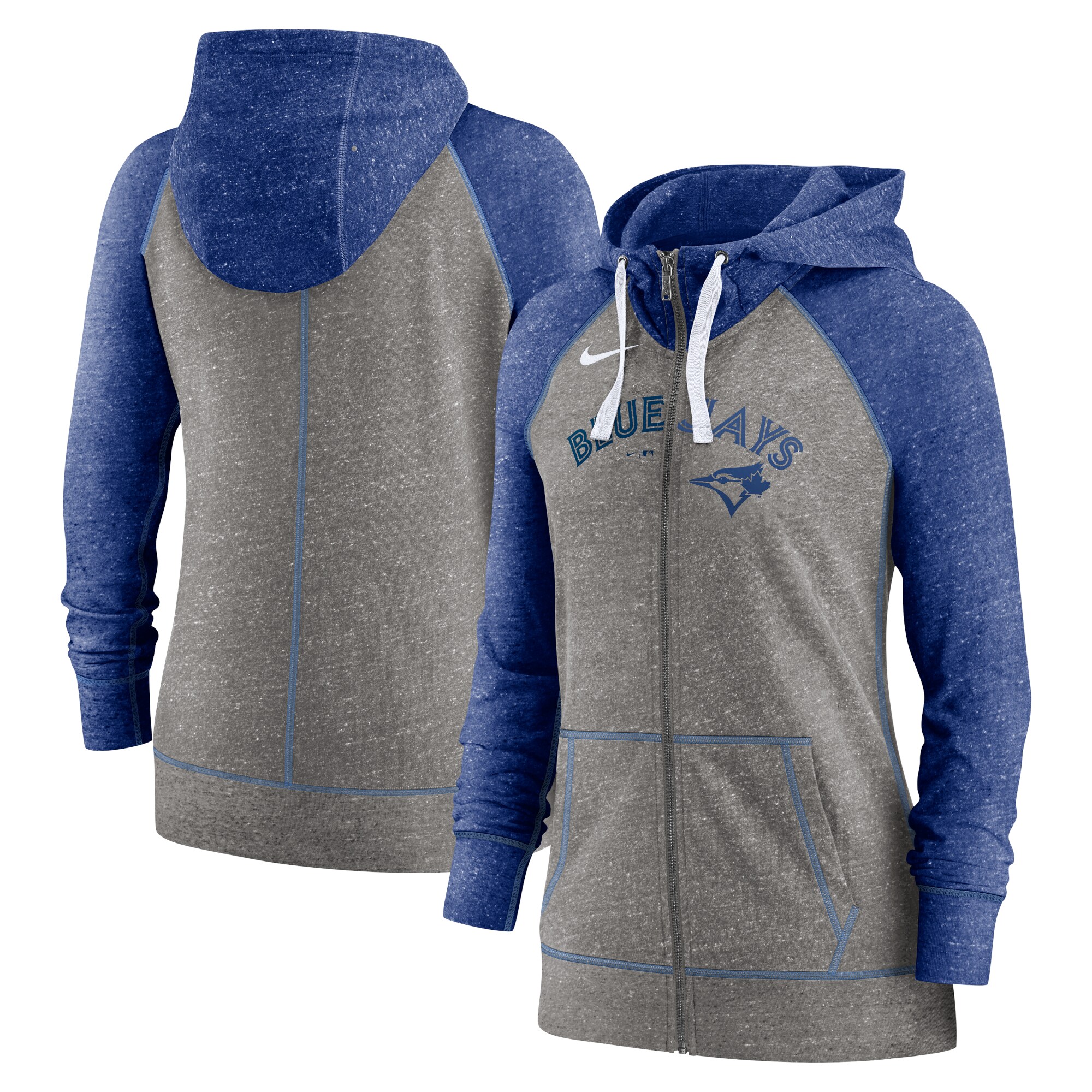 Women's Toronto Blue Jays Nike Heather Charcoal/Heather Royal Split Wordmark Gym Vintage Raglan Lightweight Full-Zip Hoodie