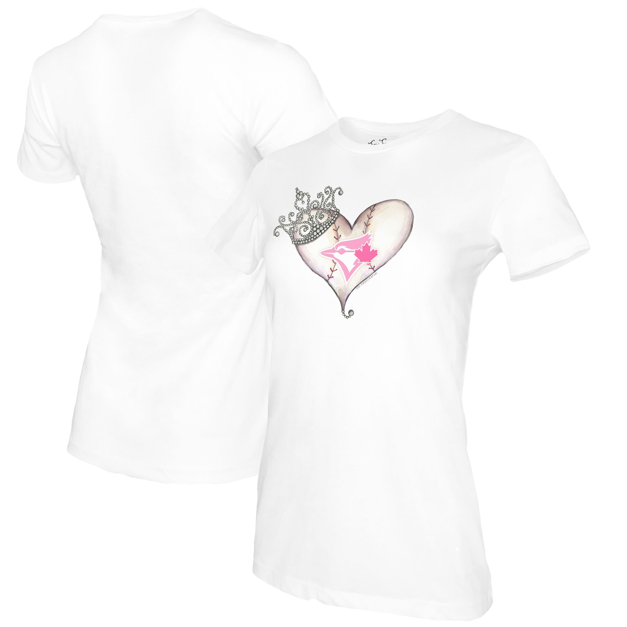Women's Toronto Blue Jays Tiny Turnip White Baseball Tiara Heart T-Shirt