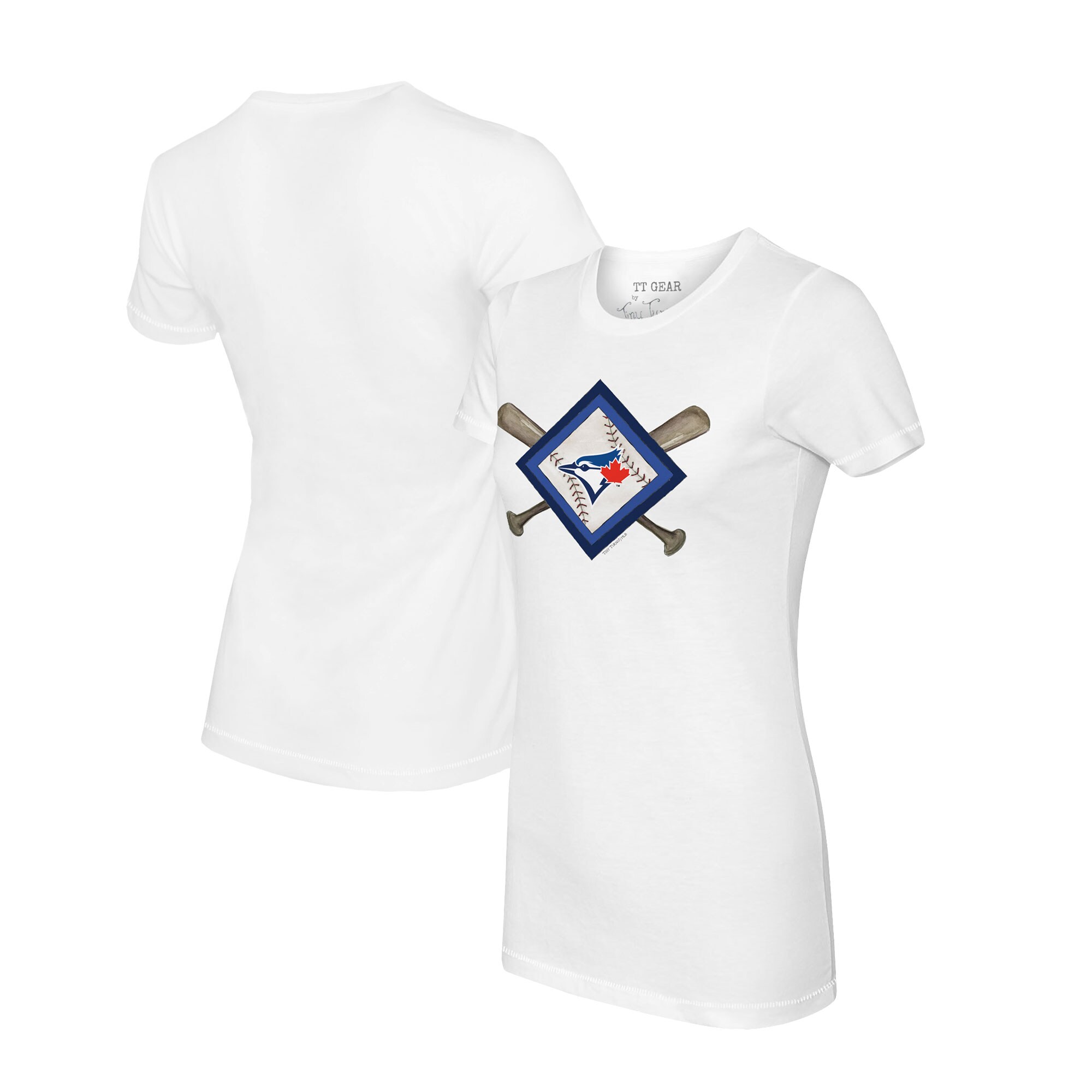Women's Toronto Blue Jays Tiny Turnip White Diamond Cross Bats T-Shirt