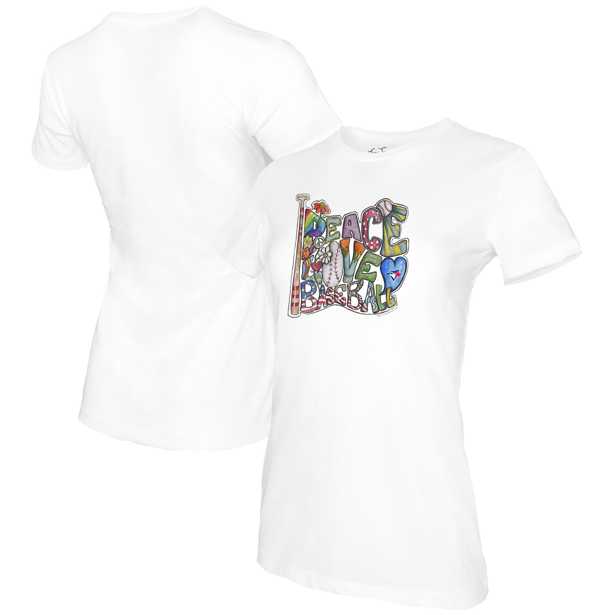 Women's Toronto Blue Jays Tiny Turnip White Peace Love Baseball T-Shirt