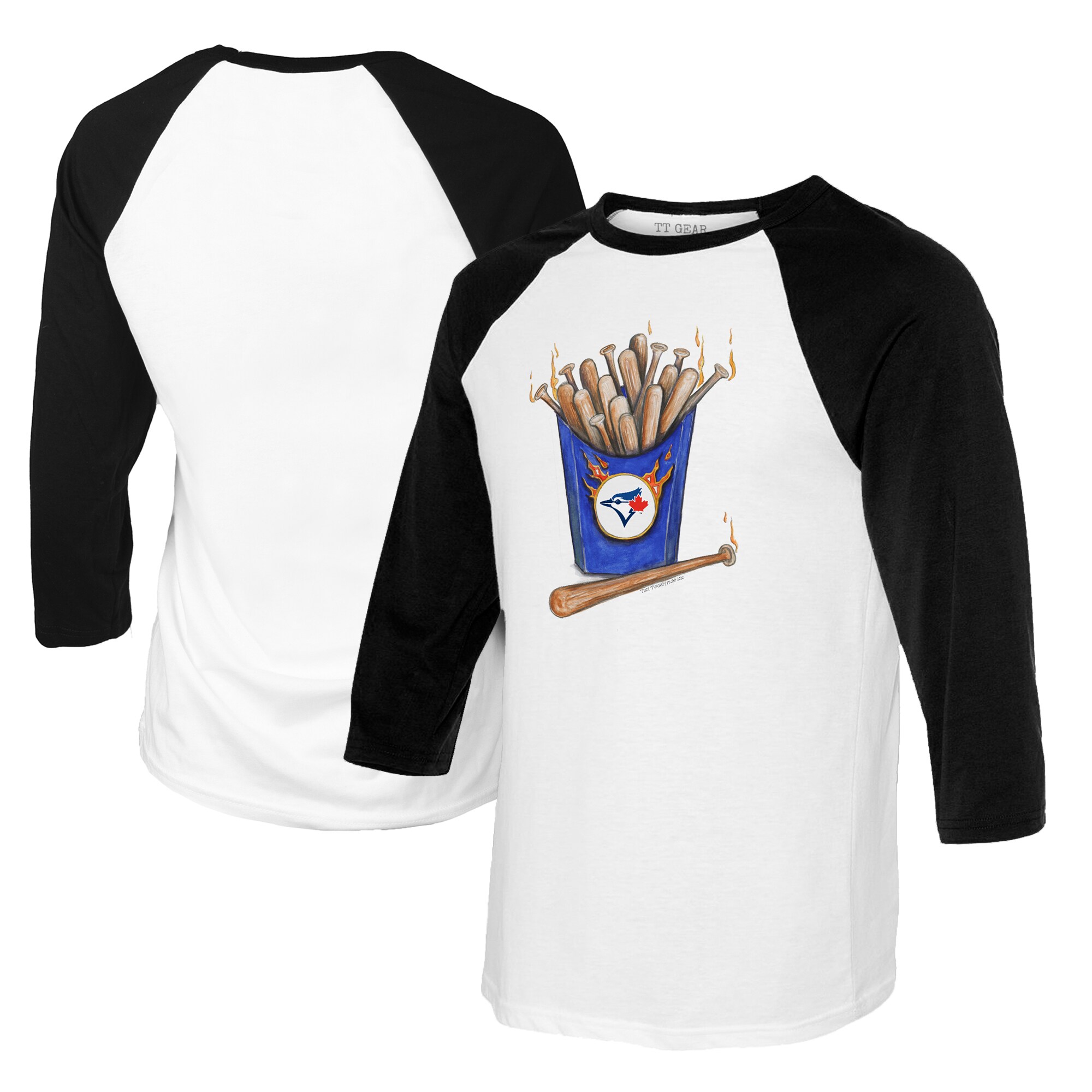 Women's Toronto Blue Jays Tiny Turnip White/Black Hot Bats 3/4-Sleeve Raglan T-Shirt