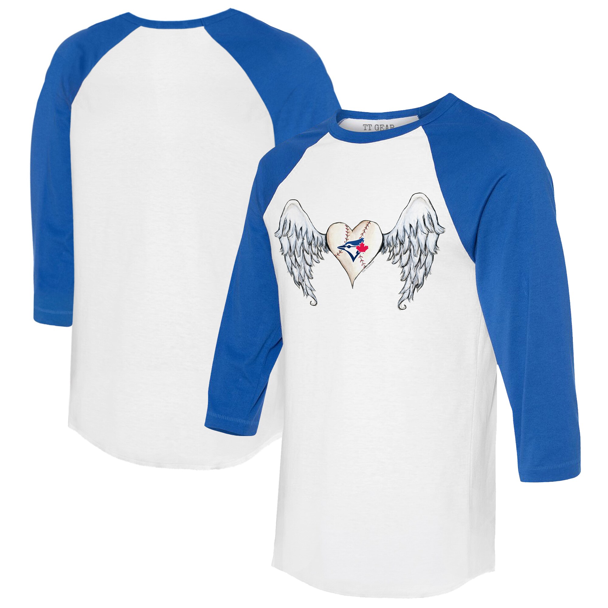 Women's Toronto Blue Jays Tiny Turnip White/Royal Angel Wings 3/4-Sleeve Raglan T-Shirt