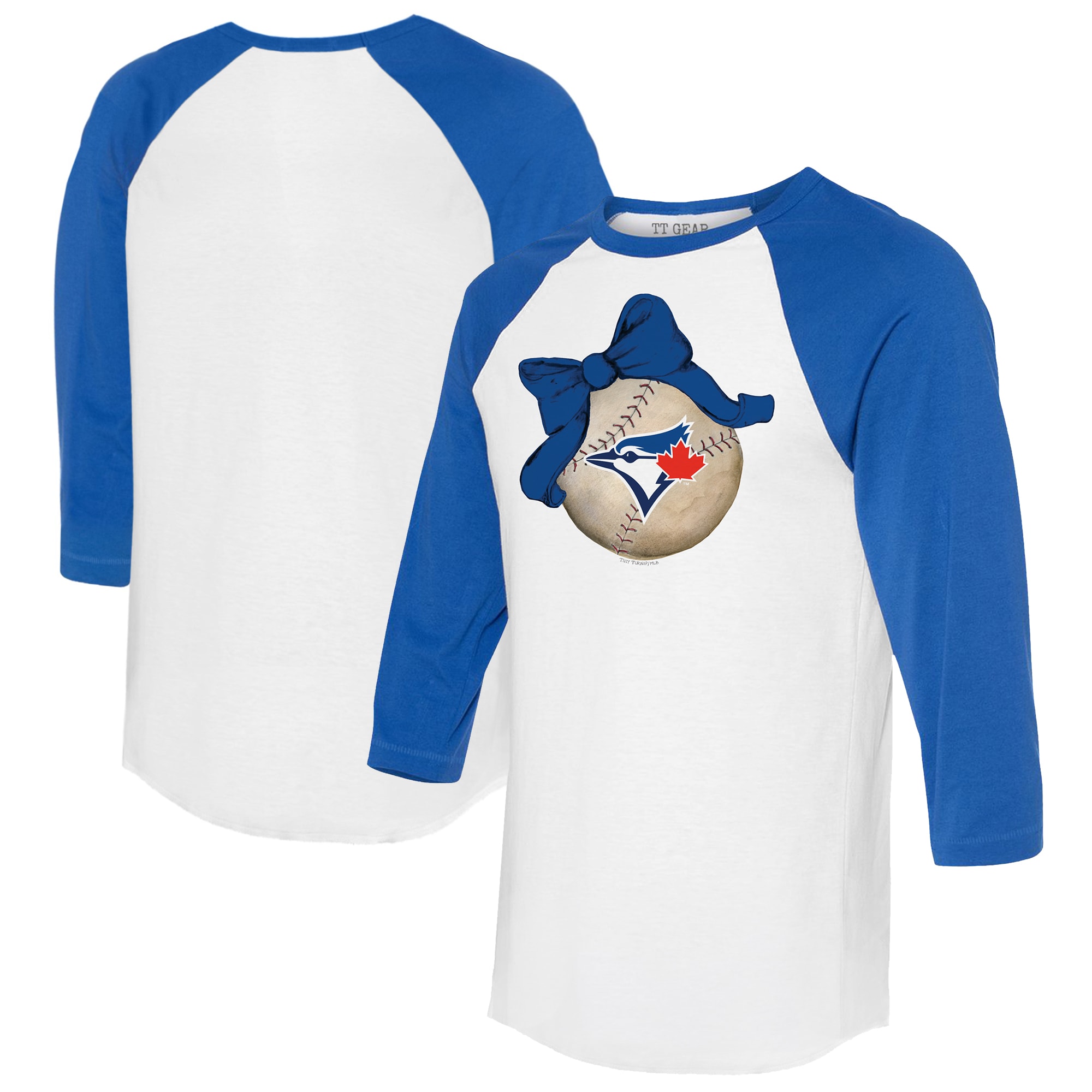 Women's Toronto Blue Jays Tiny Turnip White/Royal Baseball Bow 3/4-Sleeve Raglan T-Shirt