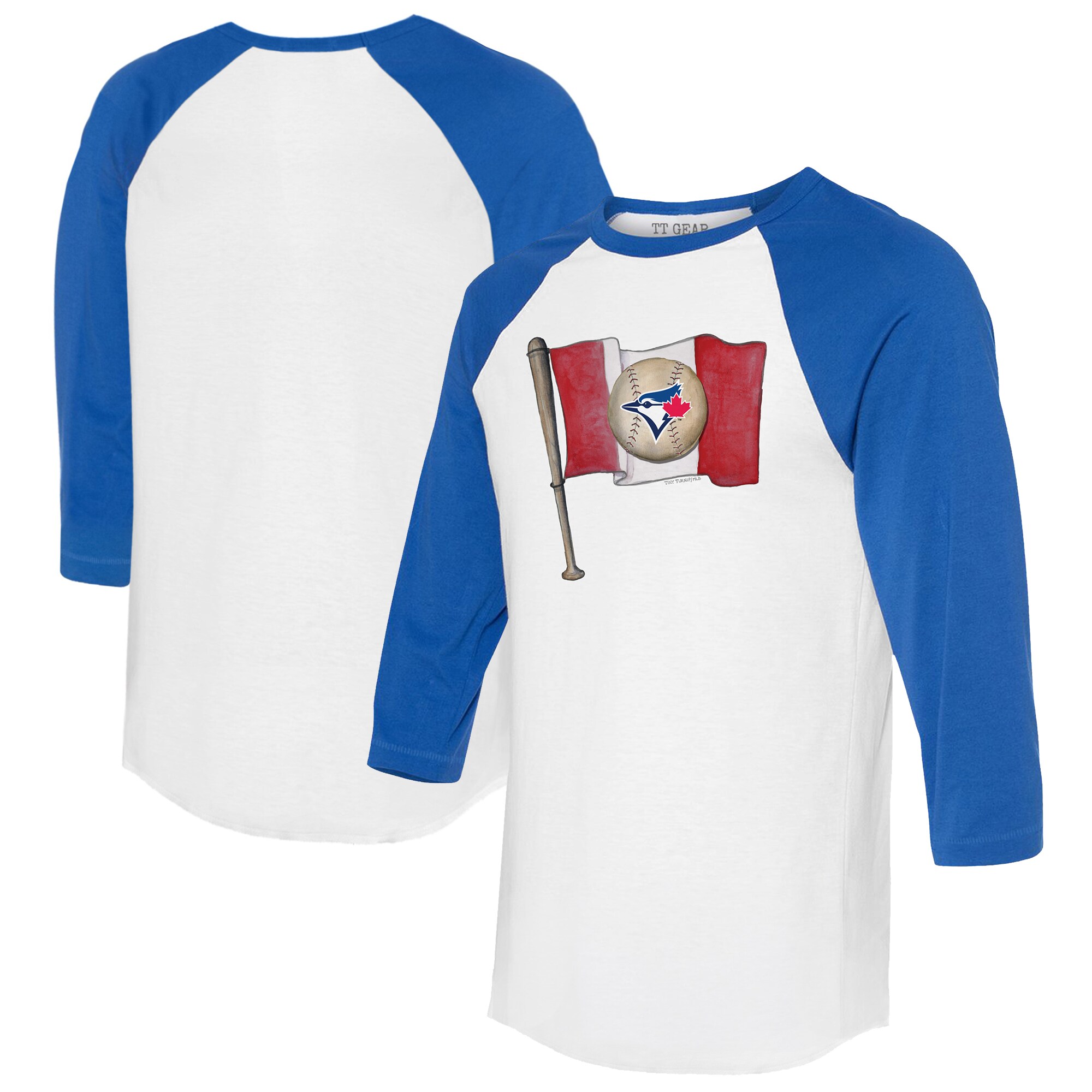 Women's Toronto Blue Jays  Tiny Turnip White/Royal Baseball Flag 3/4-Sleeve Raglan T-Shirt