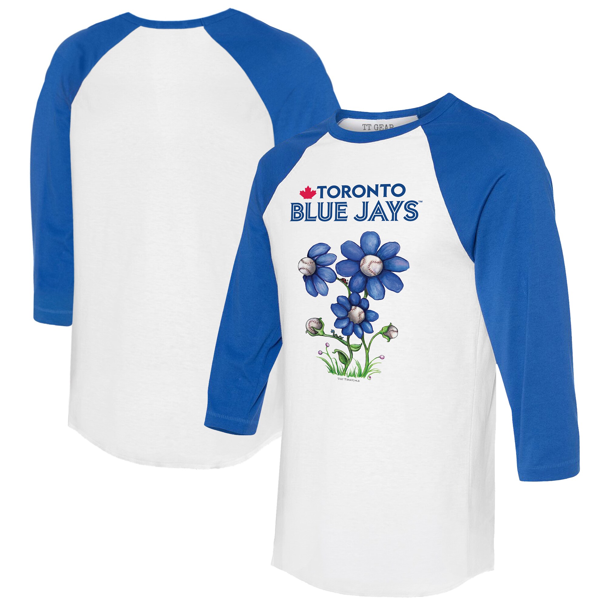 Women's Toronto Blue Jays Tiny Turnip White/Royal Blooming Baseballs 3/4-Sleeve Raglan T-Shirt