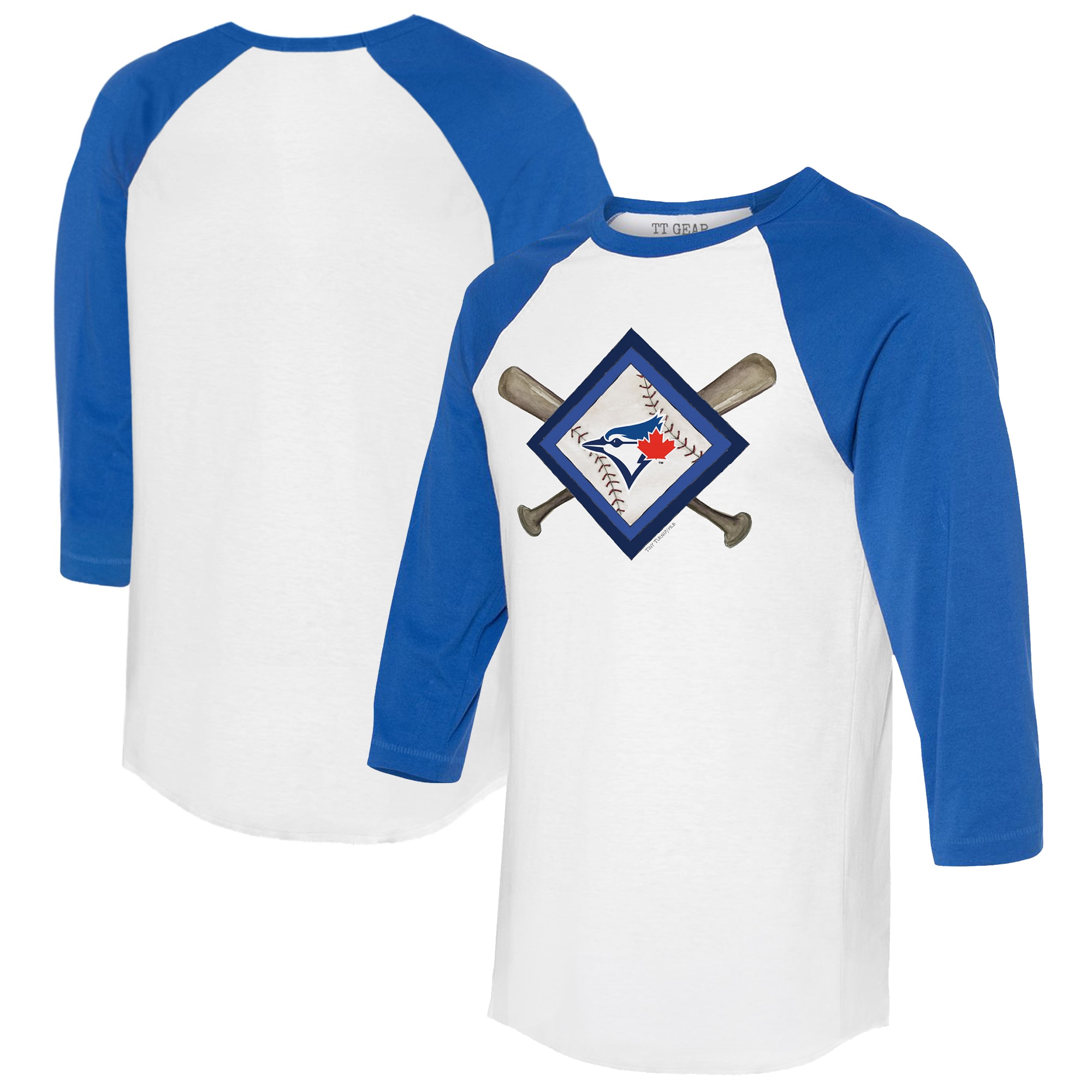 Women's Toronto Blue Jays  Tiny Turnip White/Royal Diamond Cross Bats 3/4-Sleeve Raglan T-Shirt