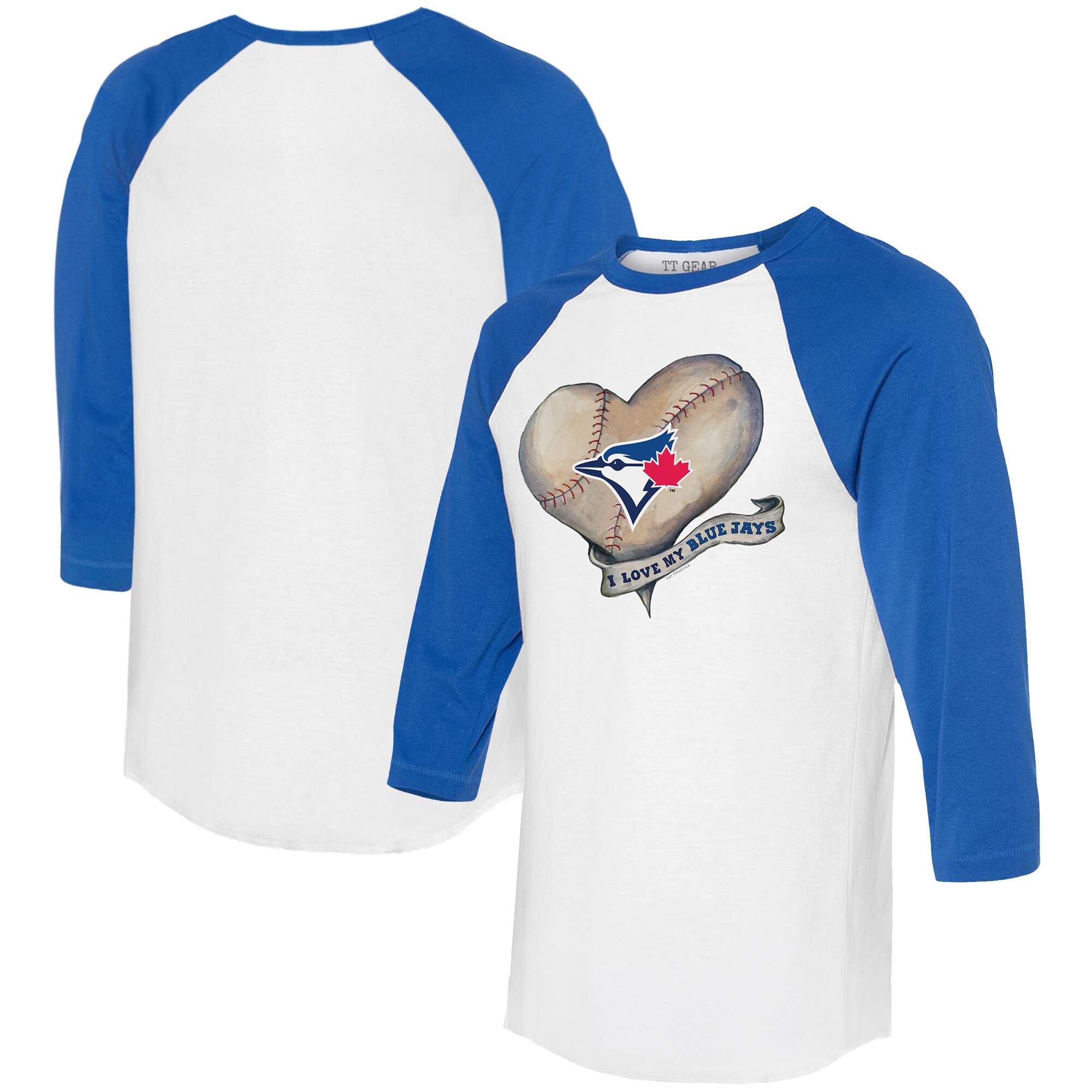 Women's Toronto Blue Jays  Tiny Turnip White/Royal Heart Banner 3/4-Sleeve Raglan T-Shirt