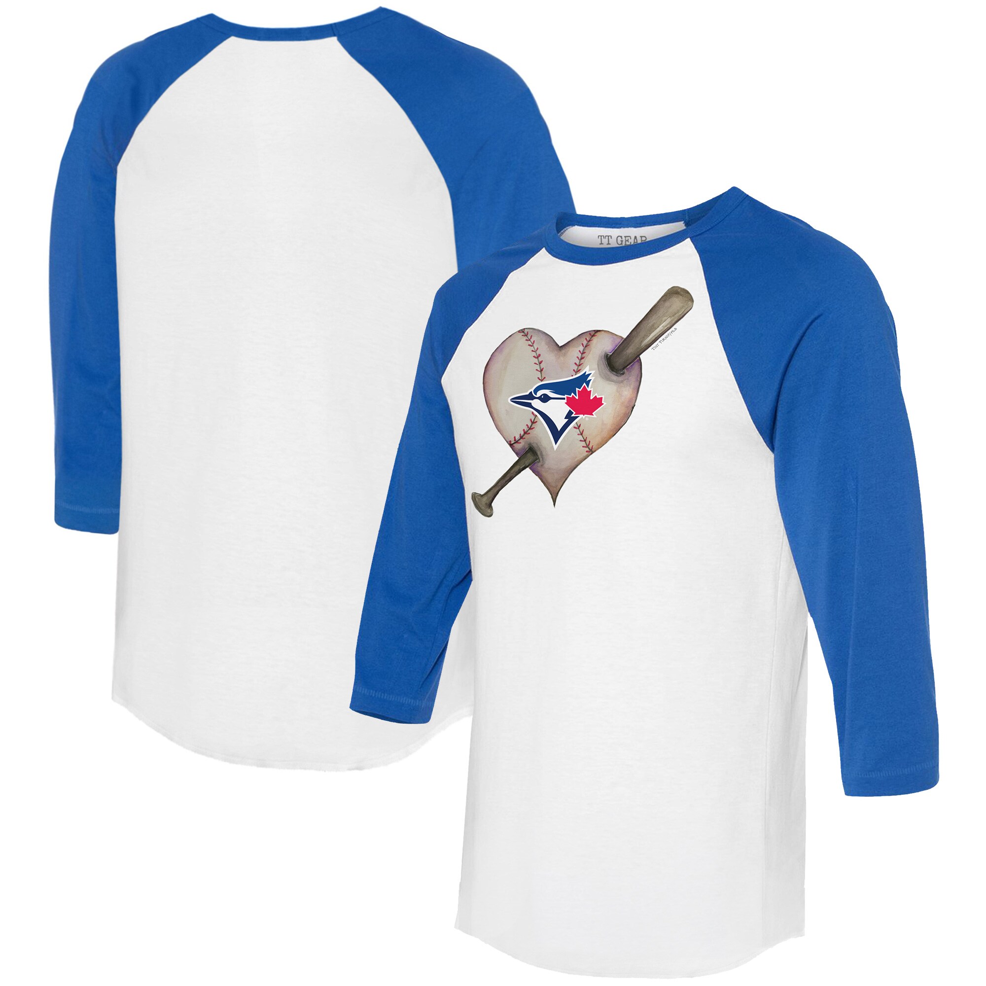 Women's Toronto Blue Jays Tiny Turnip White/Royal Heart Bat 3/4-Sleeve Raglan T-Shirt