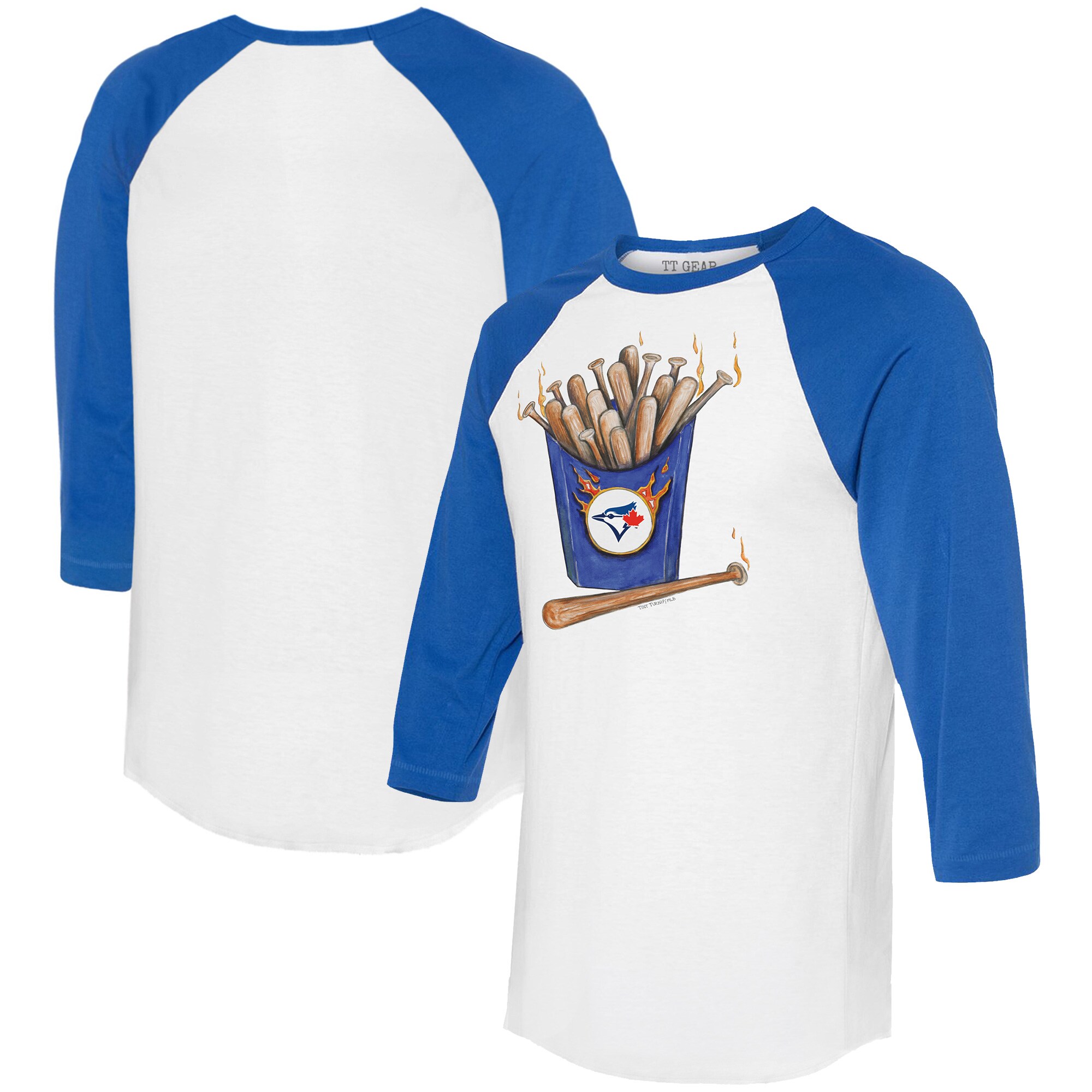 Women's Toronto Blue Jays Tiny Turnip White/Royal Hot Bats 3/4-Sleeve Raglan T-Shirt