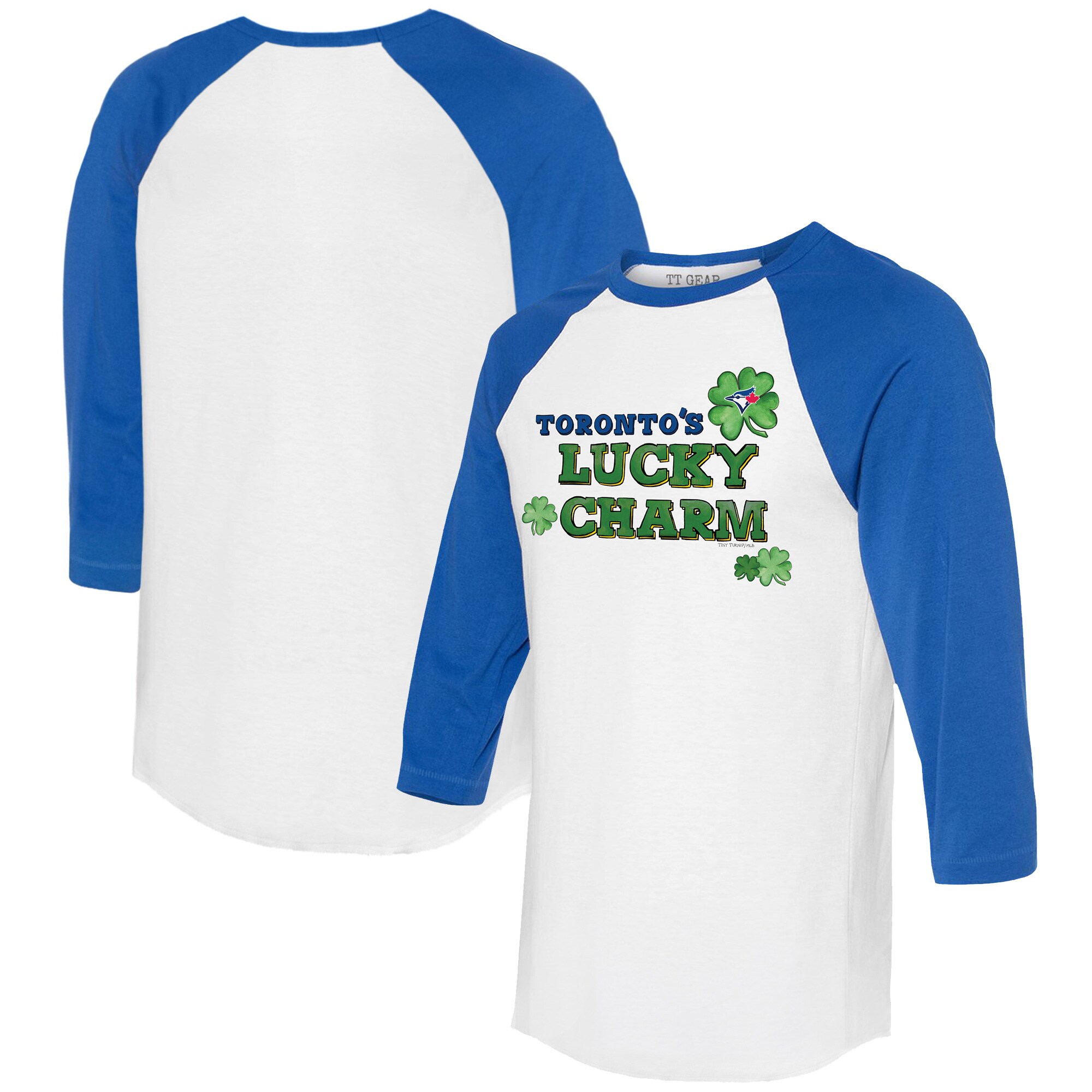 Women's Toronto Blue Jays Tiny Turnip White/Royal Lucky Charm 3/4-Sleeve Raglan T-Shirt