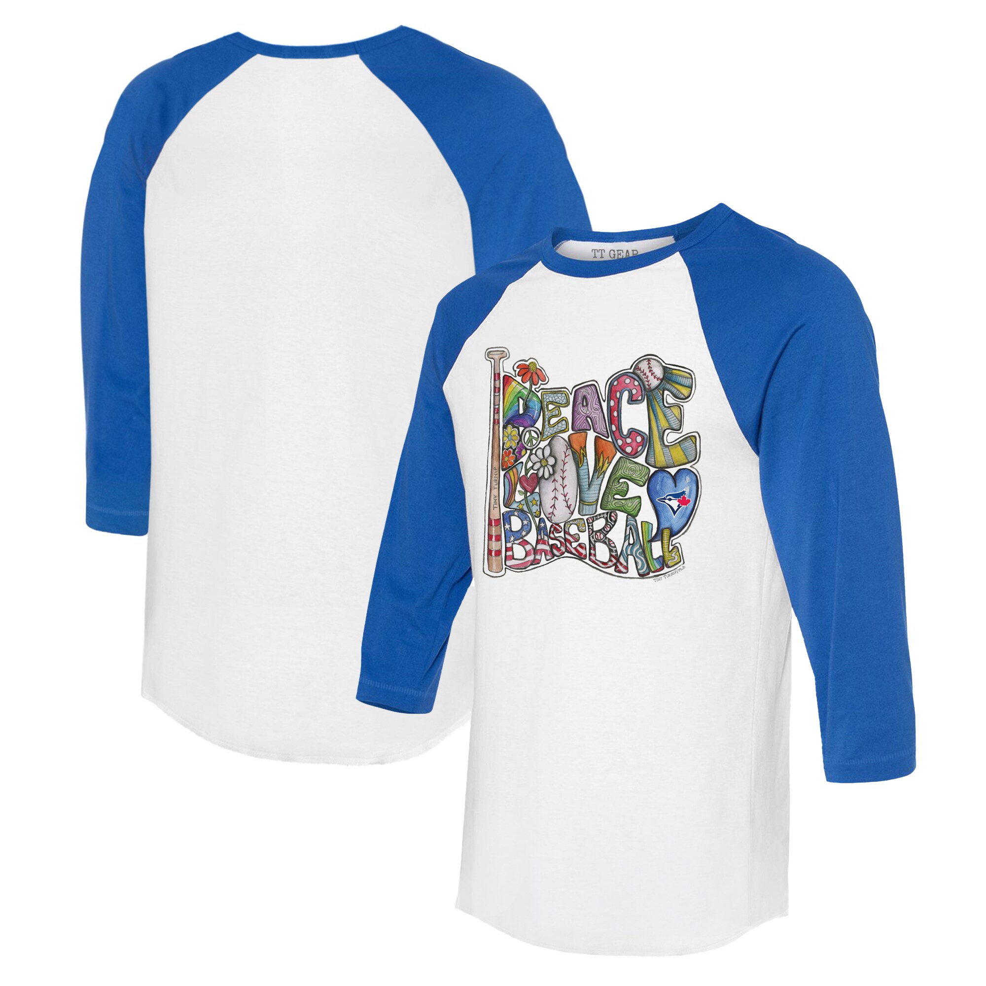 Women's Toronto Blue Jays Tiny Turnip White/Royal Peace Love Baseball 3/4-Sleeve Raglan T-Shirt