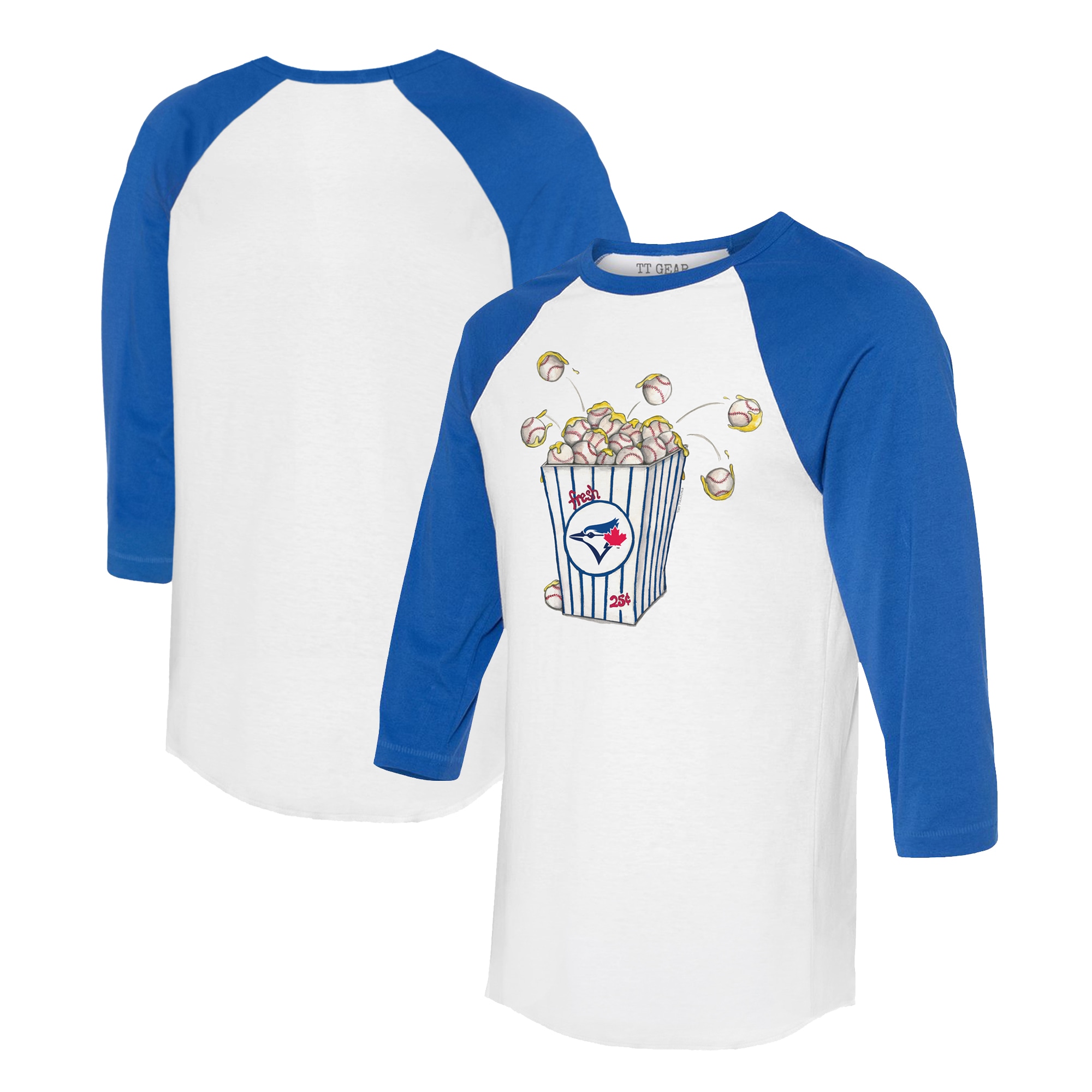 Women's Toronto Blue Jays Tiny Turnip White/Royal Popcorn 3/4-Sleeve Raglan T-Shirt