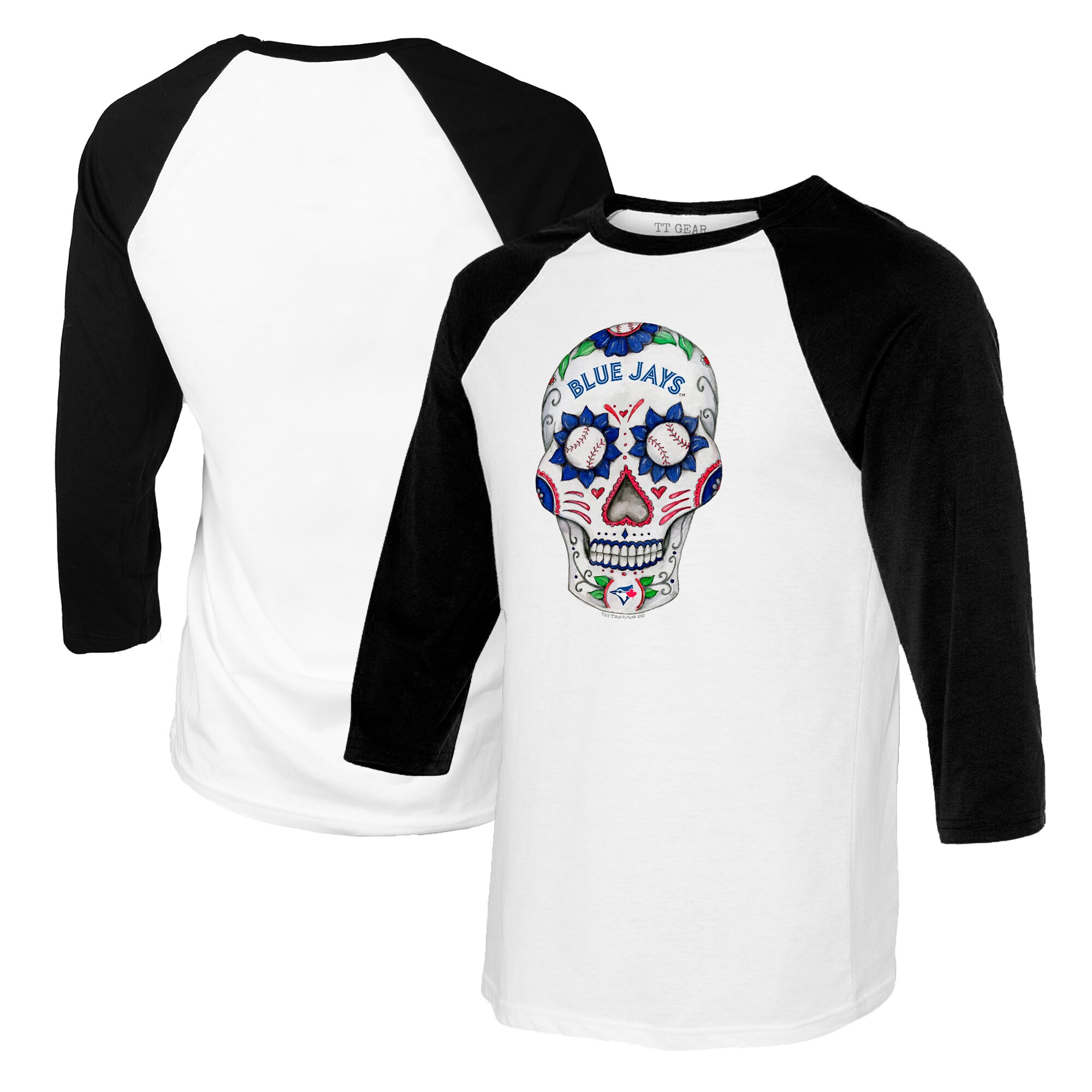 Women'sToronto Blue Jays Tiny Turnip White/Black Sugar Skull 3/4-Sleeve Raglan T-Shirt