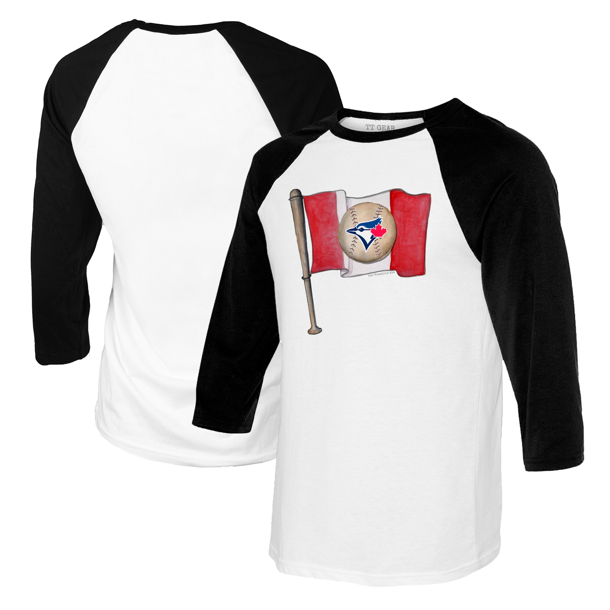 Youth Toronto Blue Jays Tiny Turnip White/Black Baseball Flag Raglan 3/4 Sleeve T-Shirt