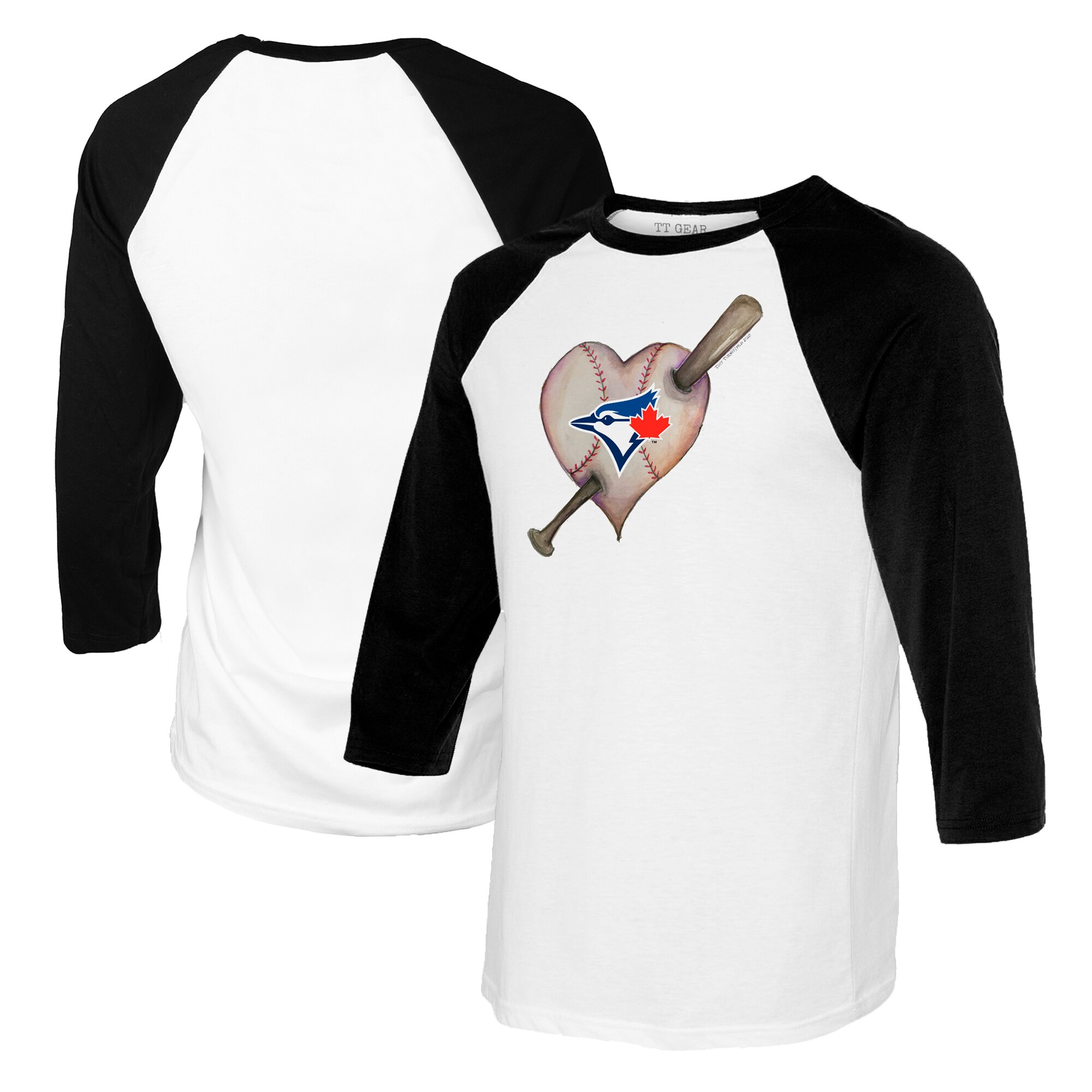 Youth Toronto Blue Jays Tiny Turnip White/Black Heart Bat Raglan 3/4 Sleeve T-Shirt