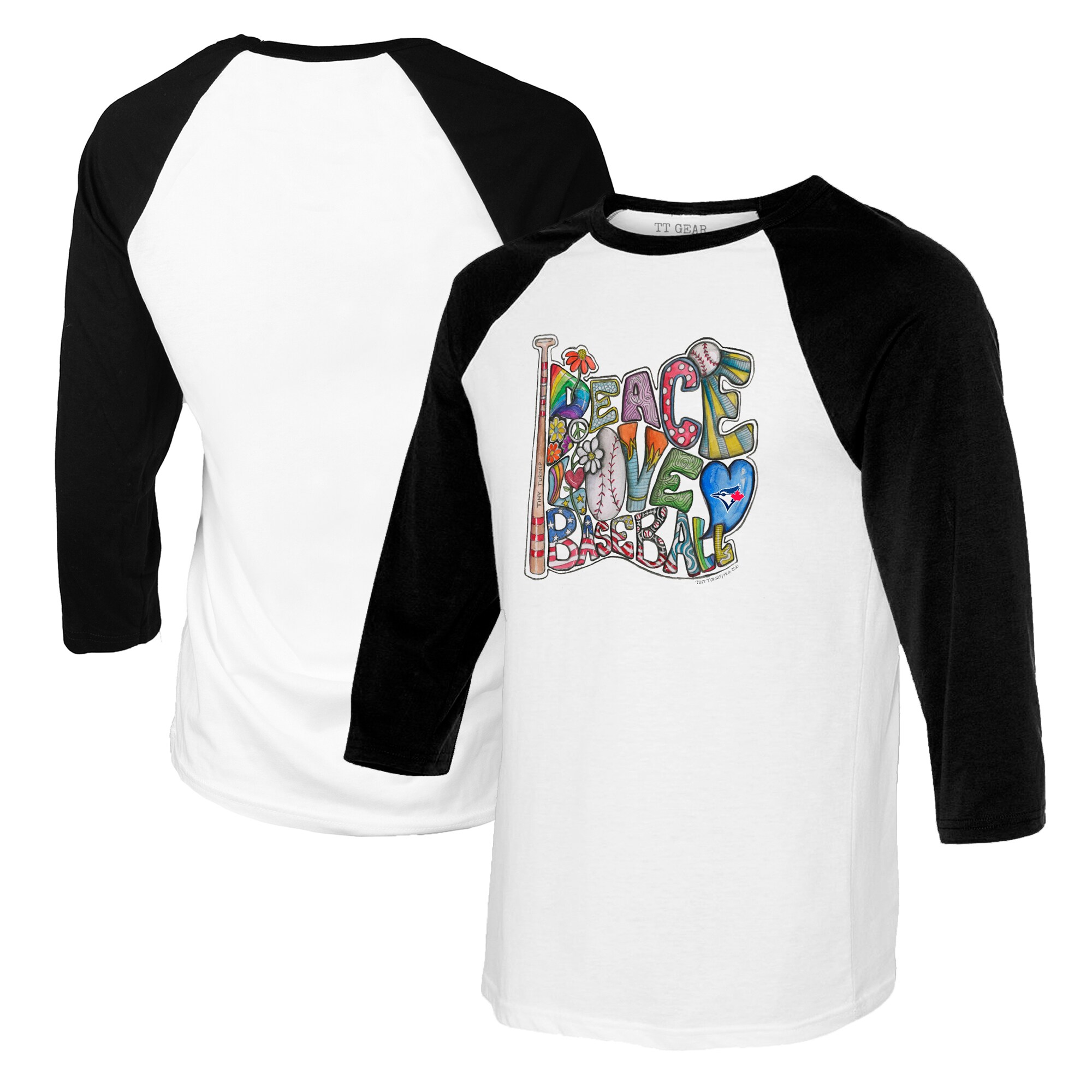 Youth Toronto Blue Jays Tiny Turnip White/Black Peace Love Baseball Raglan 3/4 Sleeve T-Shirt