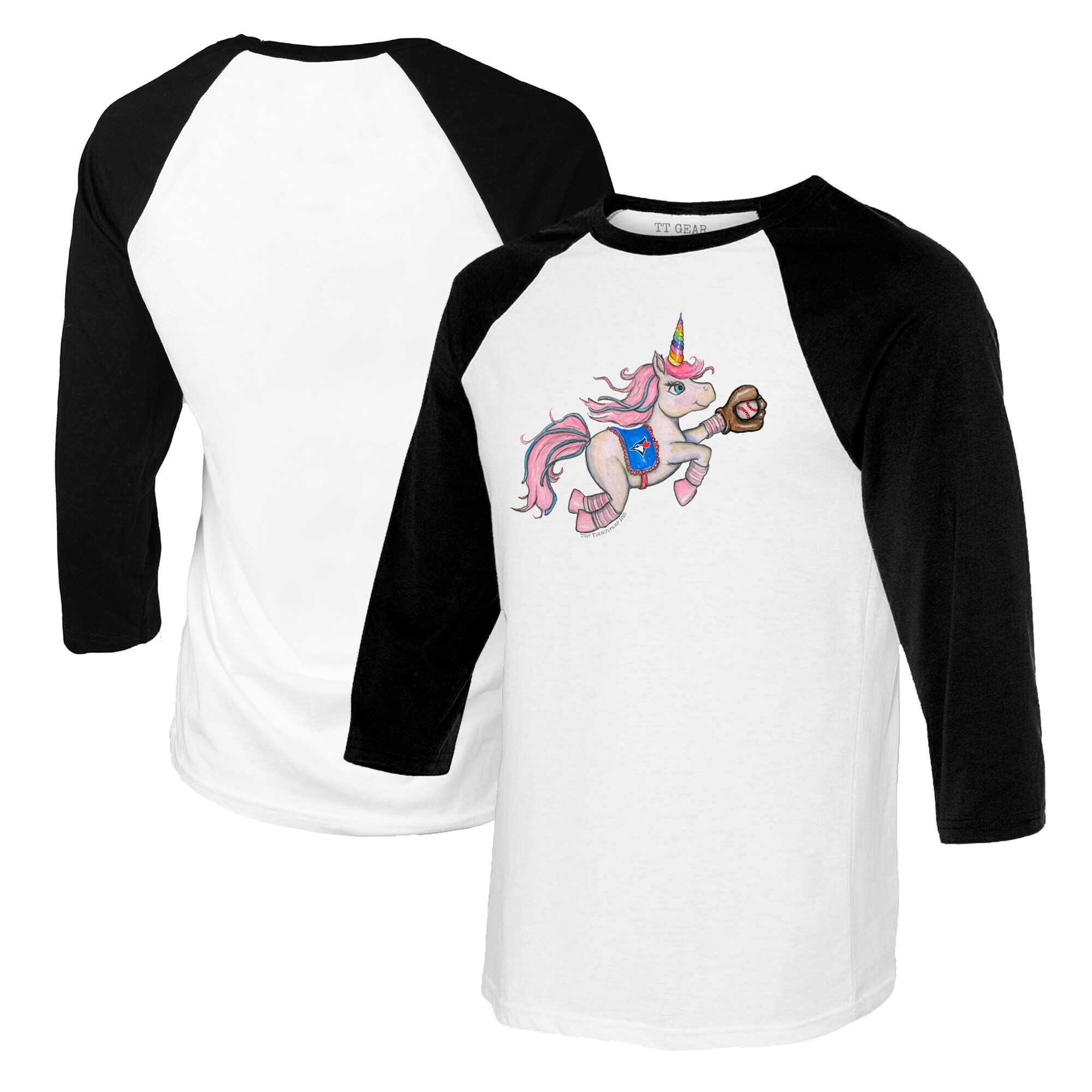 Youth Toronto Blue Jays Tiny Turnip White/Black Unicorn Raglan 3/4 Sleeve T-Shirt